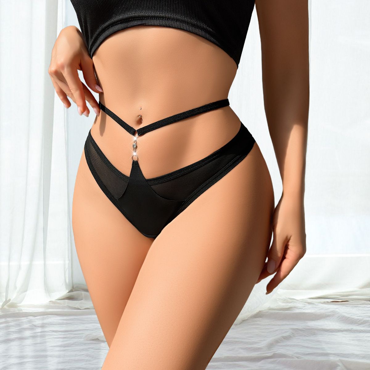 (image for) Women's Sexy Thin Strap Mesh Panel Low Rise Thong Rhinestone Detail Soft No-Dig Comfort Breathable T-Back Intimate Panty