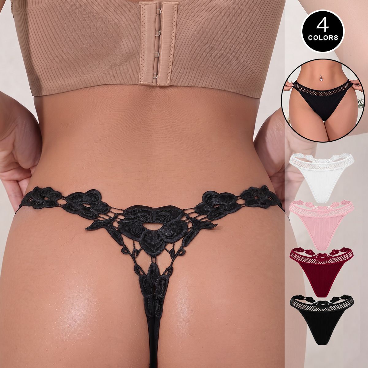 (image for) Women's Hollow Out Mesh Waist Ultra-Thin Low Rise Thong Panties Cotton Gusset Breathable Sexy Solid Color Everyday Intimates