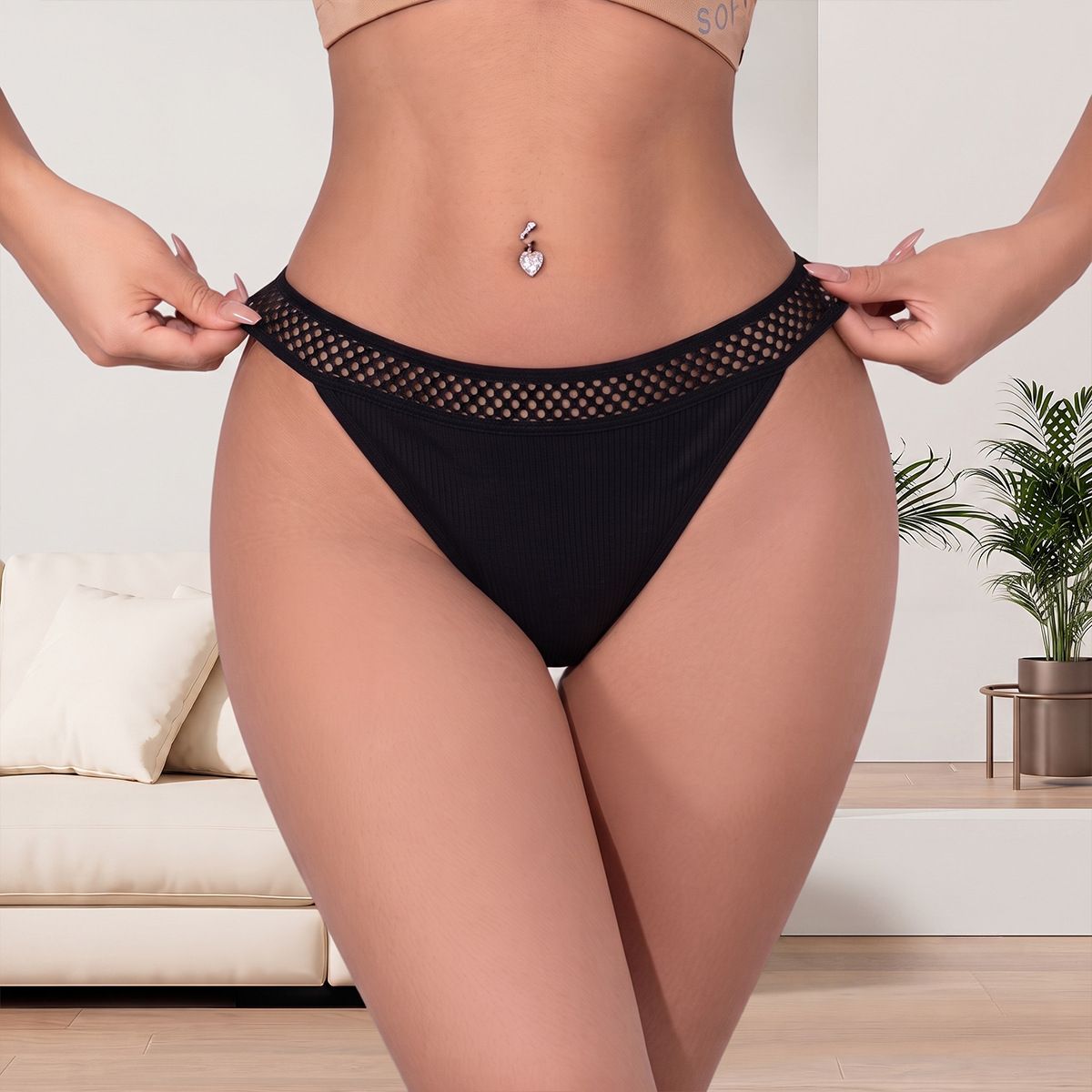 (image for) Women's Hollow Out Mesh Waist Ultra-Thin Low Rise Thong Panties Cotton Gusset Breathable Sexy Solid Color Everyday Intimates