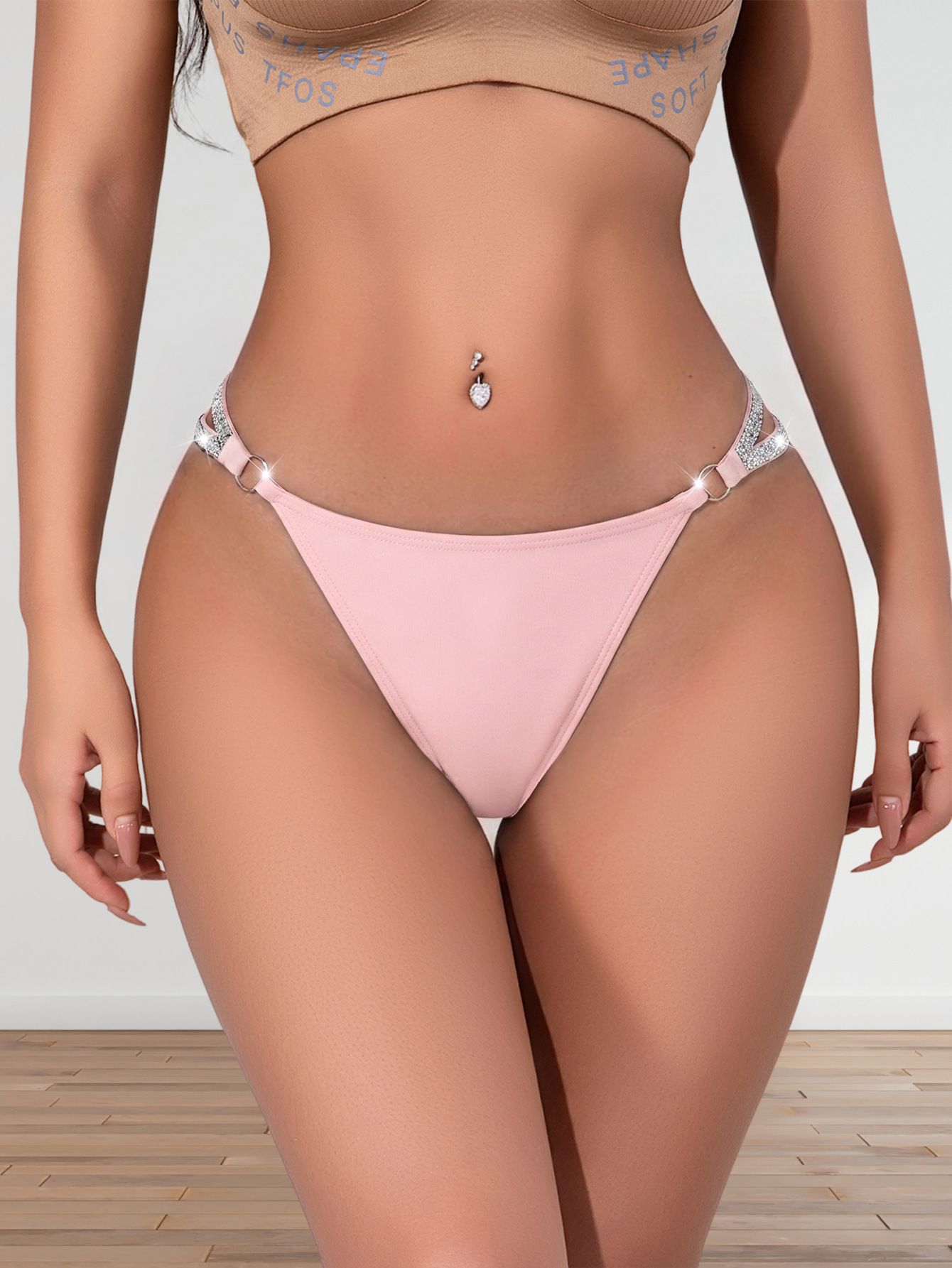 (image for) Women's Sexy Low Rise Thong with Shiny Metal Detail Straps Breathable Soft Polyamide Blend Comfortable Everyday Intimate Panty