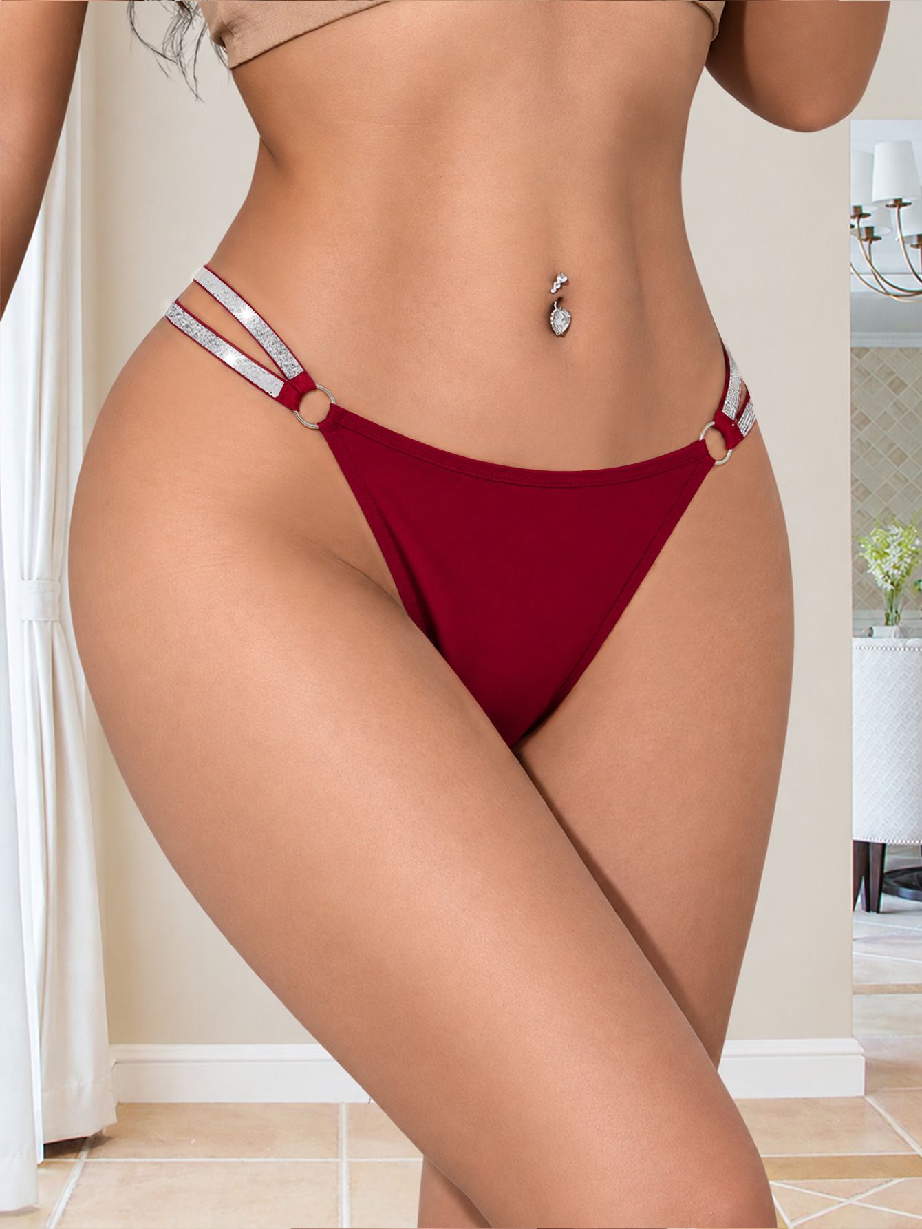 (image for) Women's Sexy Low Rise Thong with Shiny Metal Detail Straps Breathable Soft Polyamide Blend Comfortable Everyday Intimate Panty