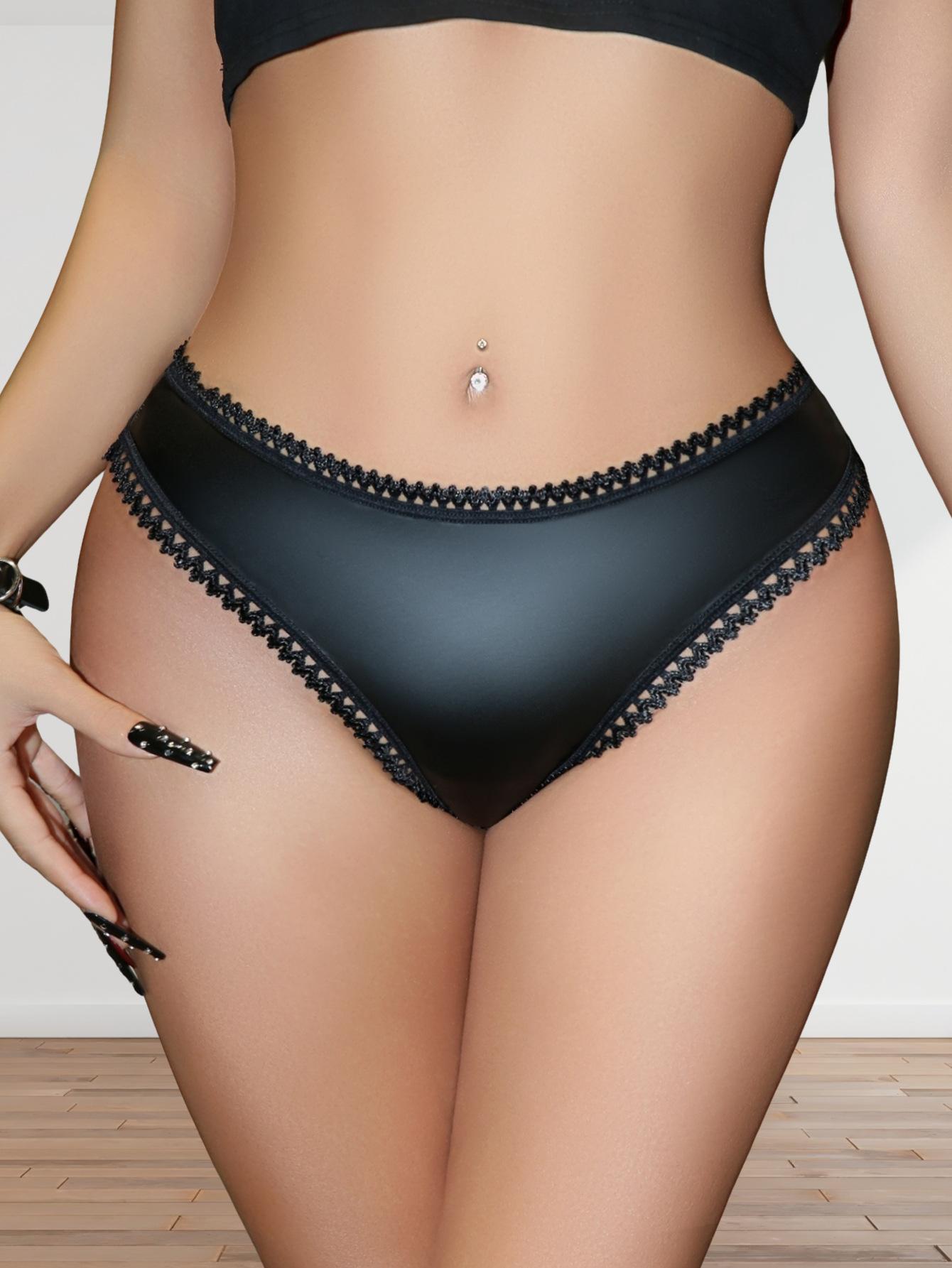 Women's Faux PU Leather Wave Lace Trim Mid Rise Briefs High Stretch Half Cheek Sexy Low Profile Everyday Panties (image for) Women's Faux PU Leather Wave Lace Trim Mid Rise Briefs High Stretch Half Cheek Sexy Low Profile Everyday Panties