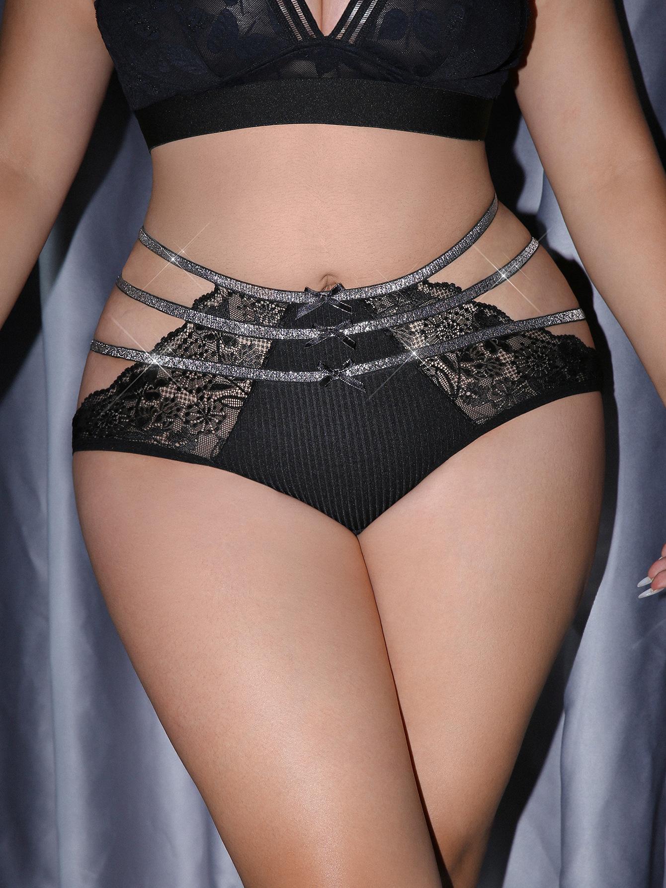 (image for) Women's Plus Size Shiny Rhinestone Multi-Strap Lace Briefs Bow Accent Sheer Low Rise Sexy Full Figure Panties