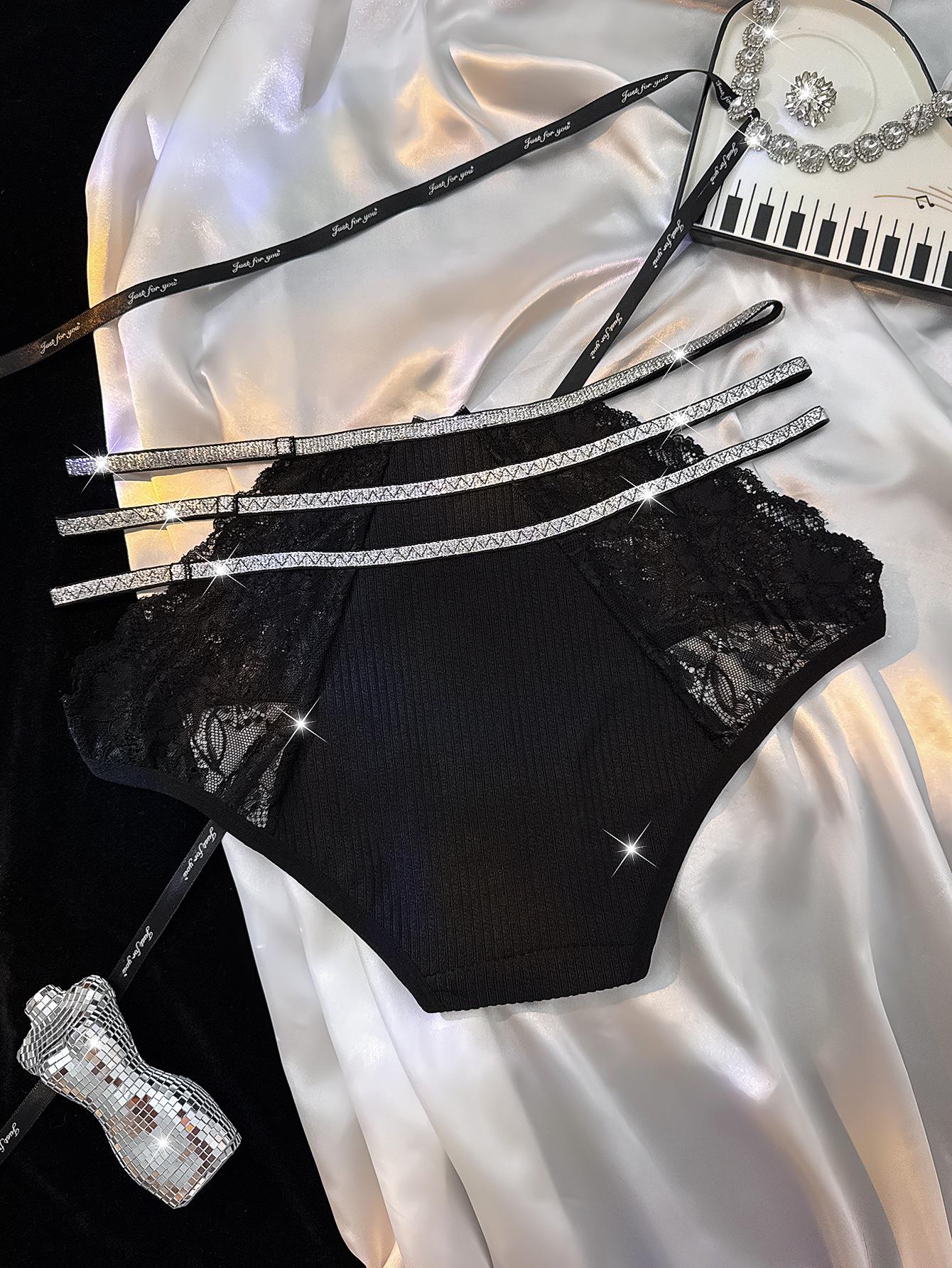 (image for) Women's Plus Size Shiny Rhinestone Multi-Strap Lace Briefs Bow Accent Sheer Low Rise Sexy Full Figure Panties