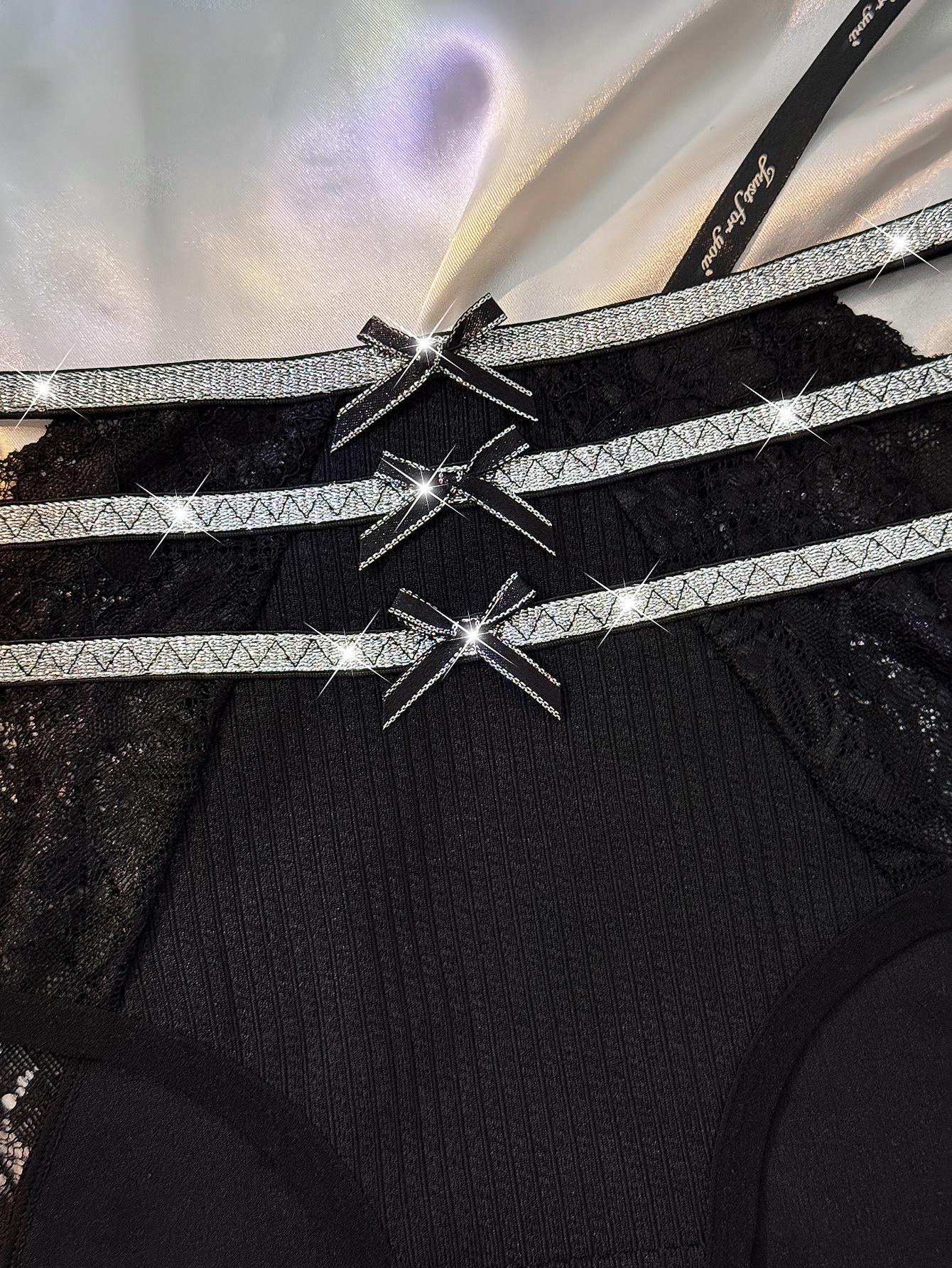 (image for) Women's Plus Size Shiny Rhinestone Multi-Strap Lace Briefs Bow Accent Sheer Low Rise Sexy Full Figure Panties