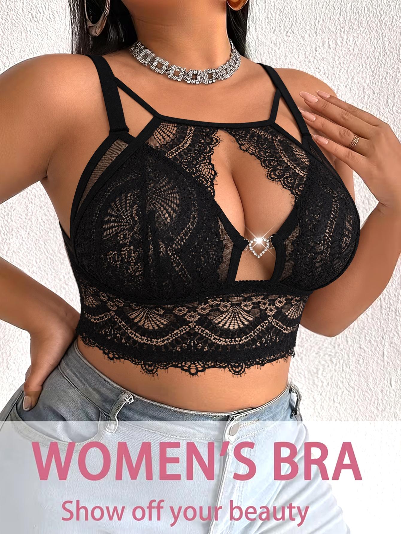 (image for) Women's Plus Size Longline Lace Bra Hollow Heart Rhinestone Racerback 5-Row Back Closure Full Figure Breathable Thin Cup Bralette