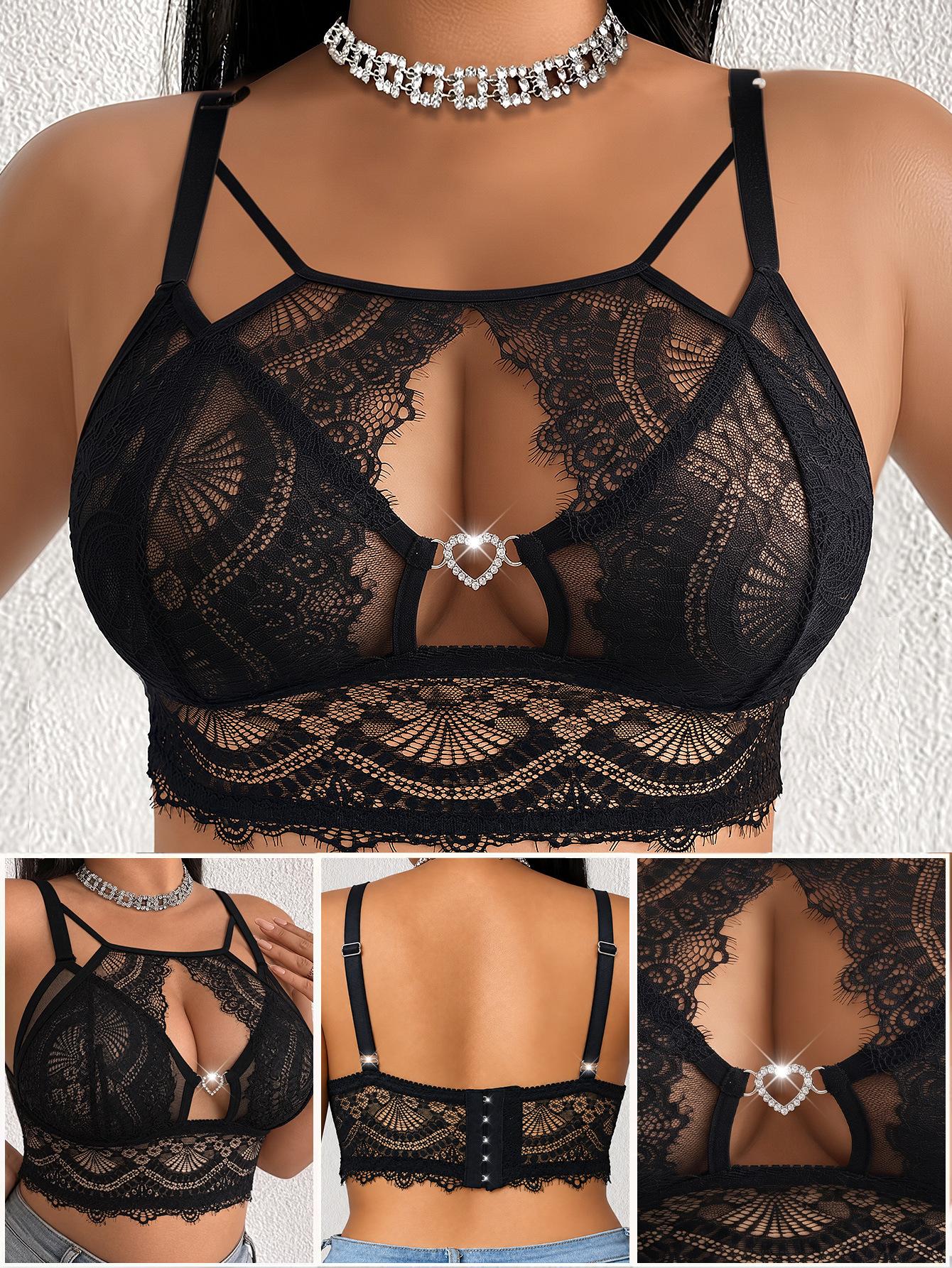 (image for) Women's Plus Size Longline Lace Bra Hollow Heart Rhinestone Racerback 5-Row Back Closure Full Figure Breathable Thin Cup Bralette