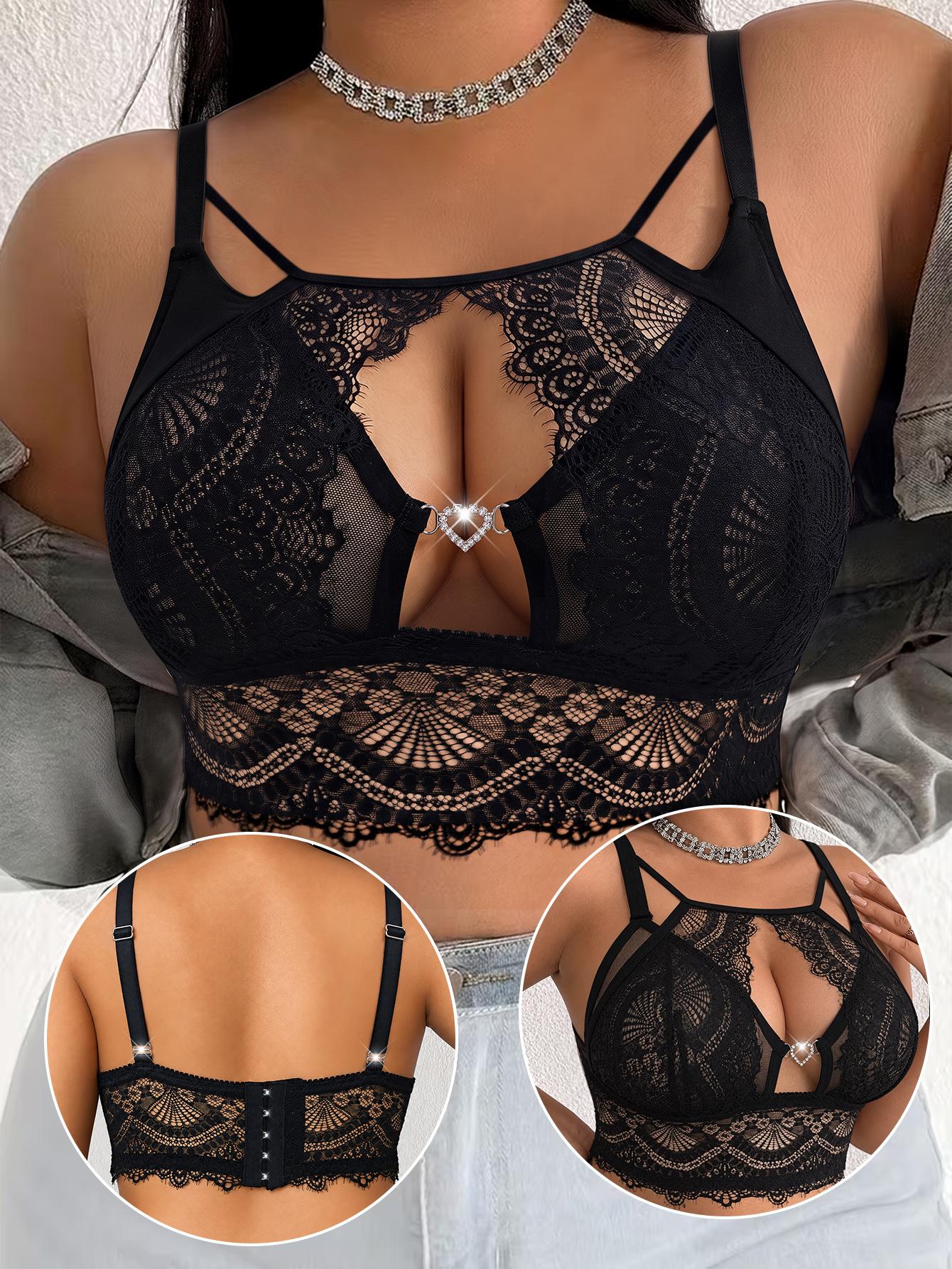 (image for) Women's Plus Size Longline Lace Bra Hollow Heart Rhinestone Racerback 5-Row Back Closure Full Figure Breathable Thin Cup Bralette