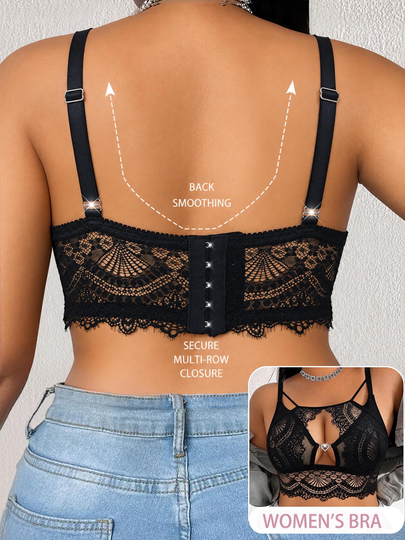 (image for) Women's Plus Size Longline Lace Bra Hollow Heart Rhinestone Racerback 5-Row Back Closure Full Figure Breathable Thin Cup Bralette