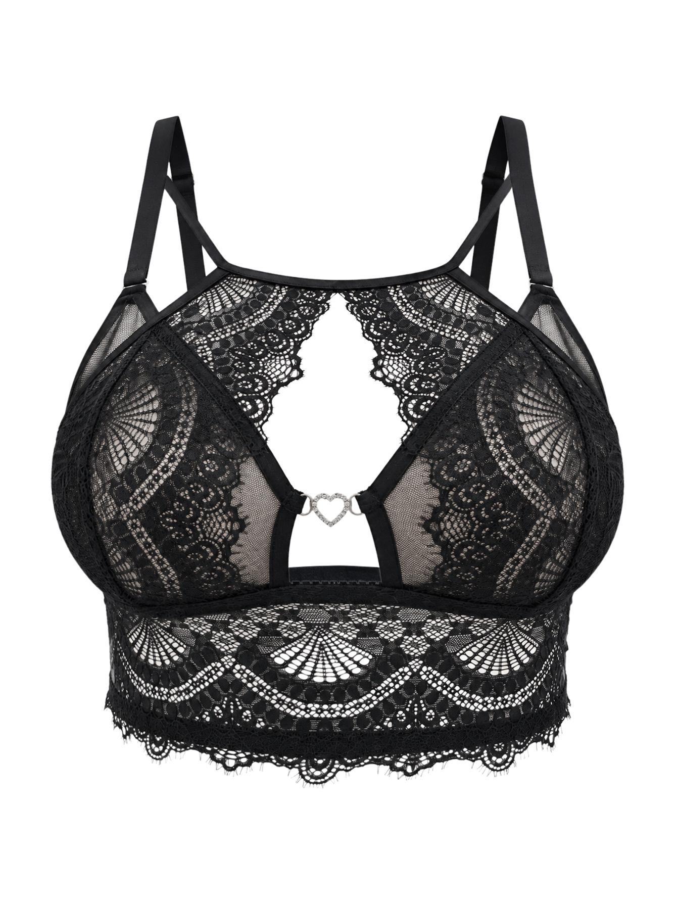 (image for) Women's Plus Size Longline Lace Bra Hollow Heart Rhinestone Racerback 5-Row Back Closure Full Figure Breathable Thin Cup Bralette