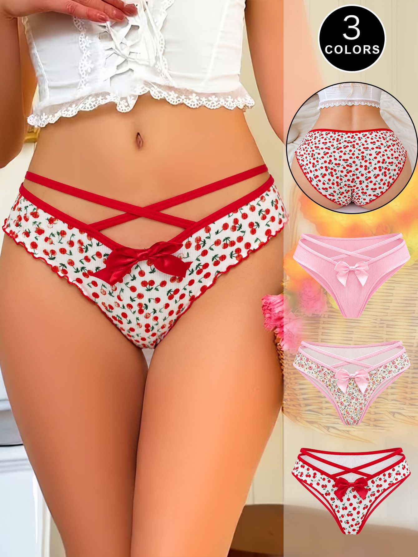 (image for) Women's Cherry Floral Print Crisscross Waist Bow Low Rise Triangle Briefs Cotton Gusset No Roll Chafe-Free Everyday Panties