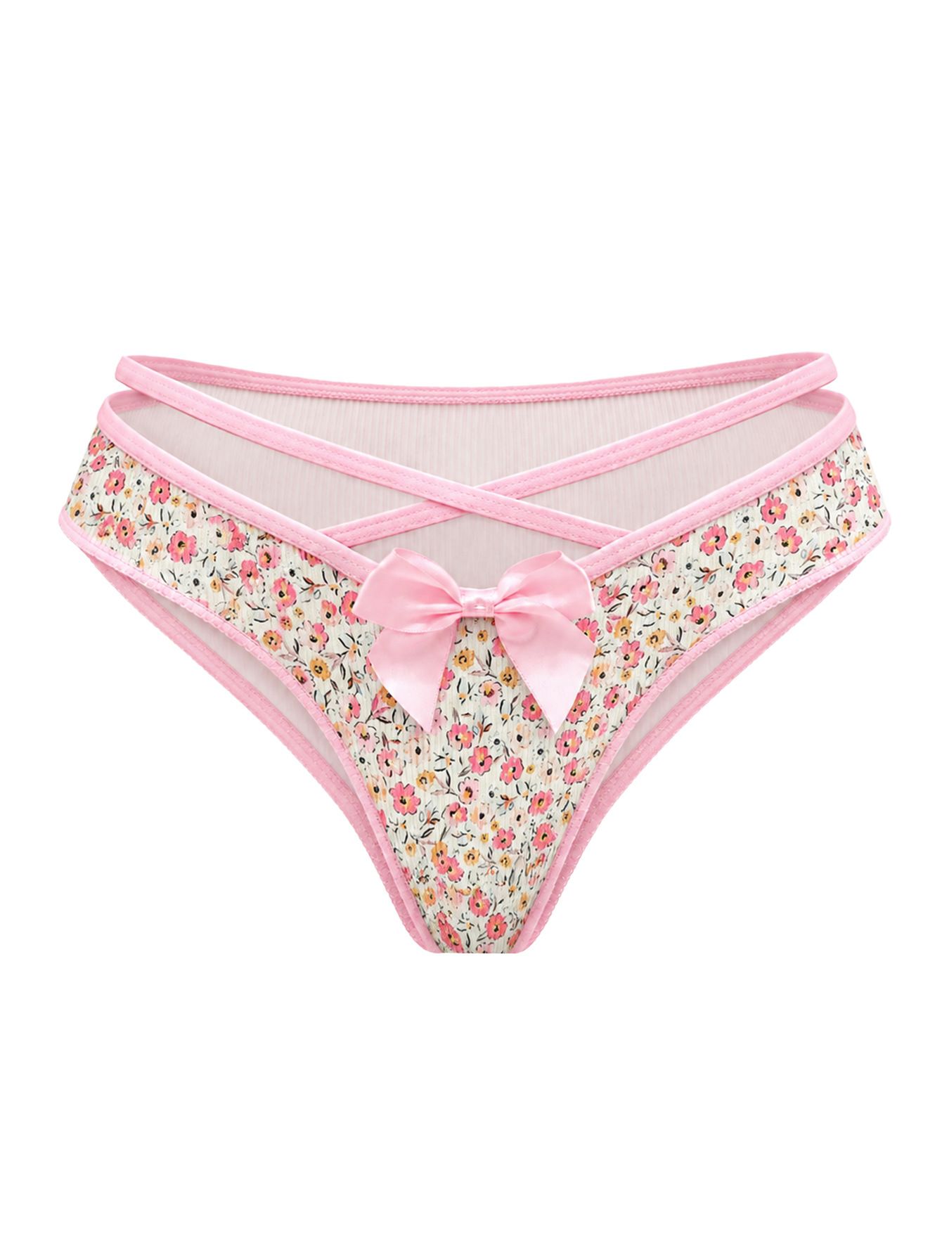 (image for) Women's Cherry Floral Print Crisscross Waist Bow Low Rise Triangle Briefs Cotton Gusset No Roll Chafe-Free Everyday Panties