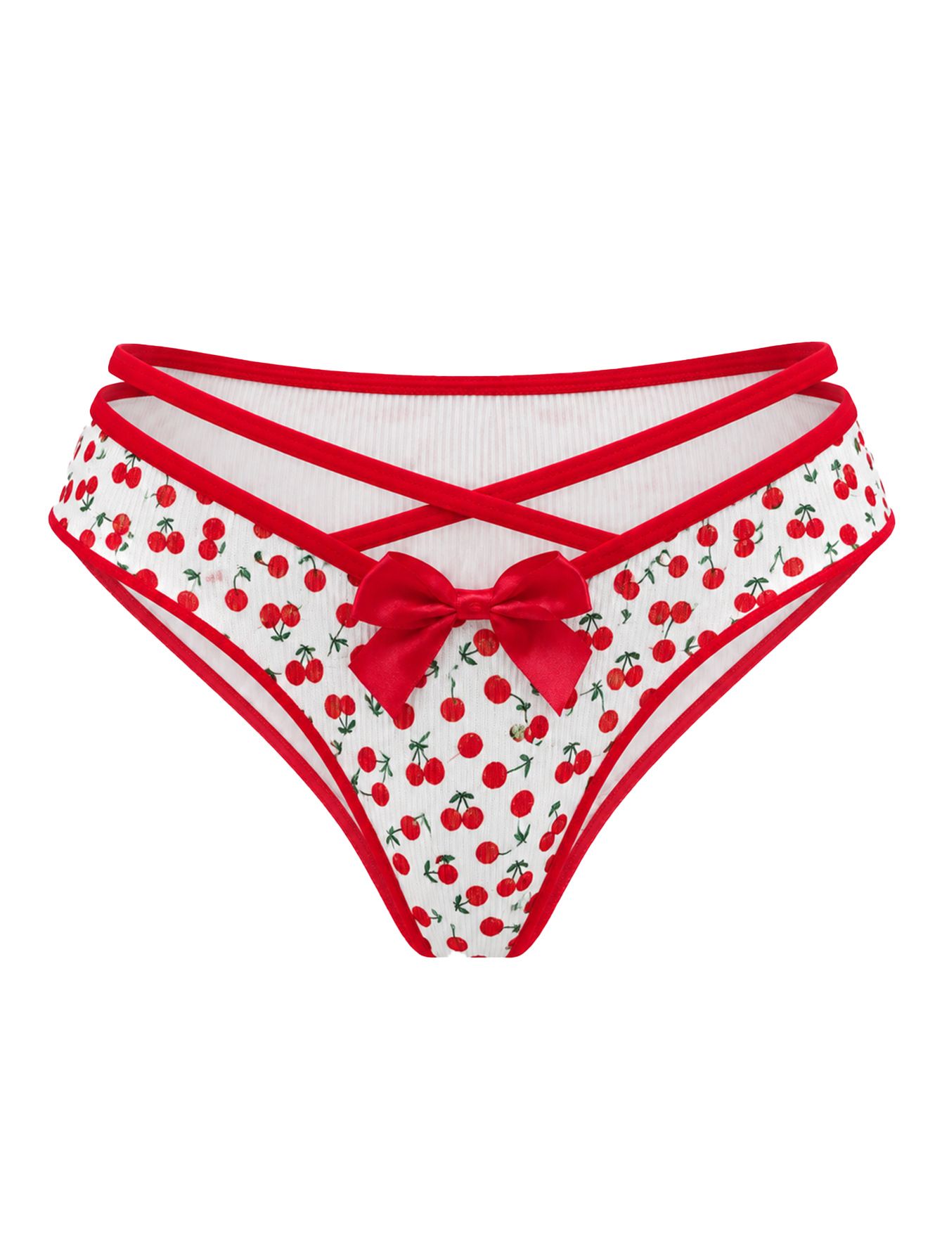 (image for) Women's Cherry Floral Print Crisscross Waist Bow Low Rise Triangle Briefs Cotton Gusset No Roll Chafe-Free Everyday Panties