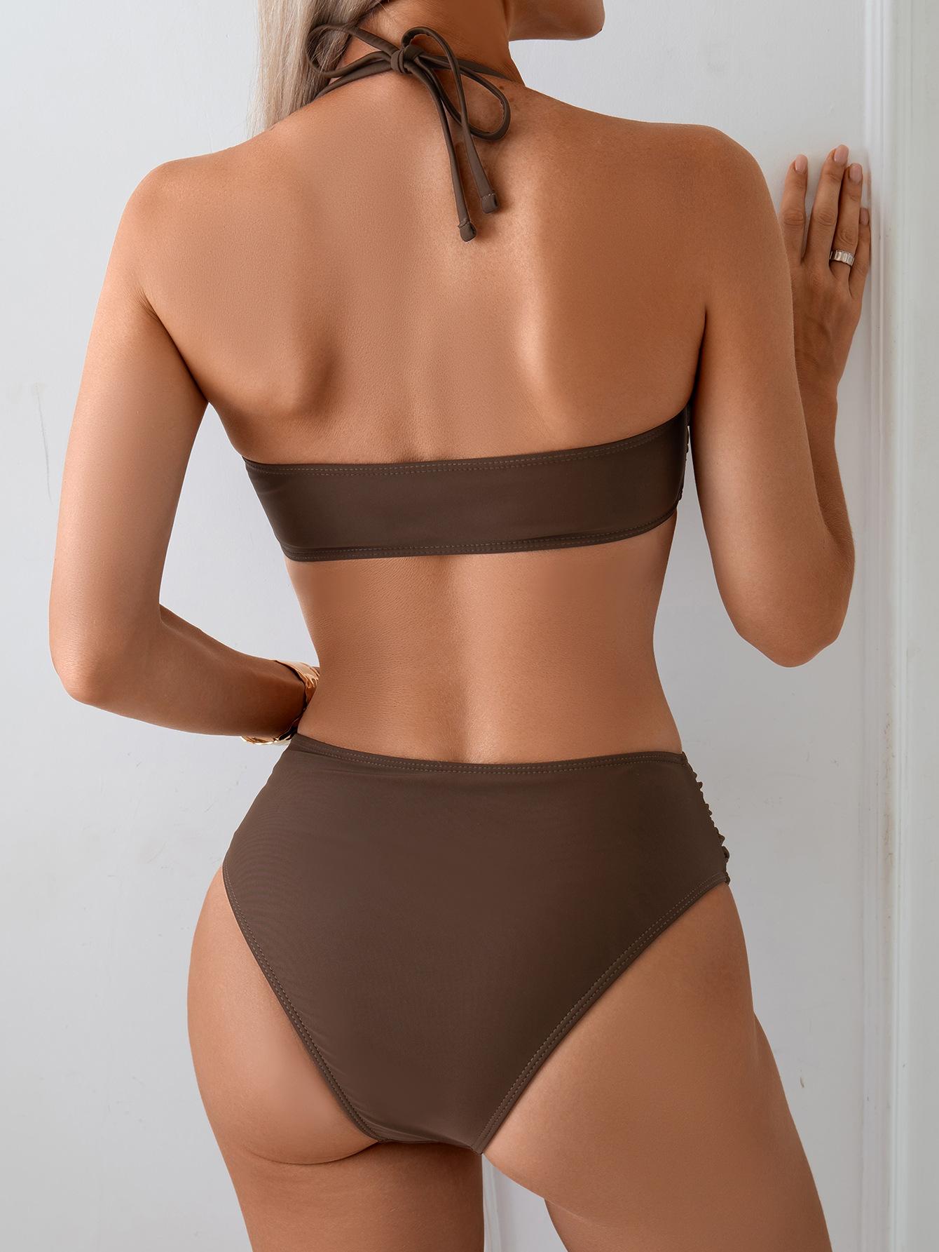 (image for) Women V Wire Halter Ruched High Waist Bikini Set Padded No Underwire Tummy Control Two Piece Swimwear