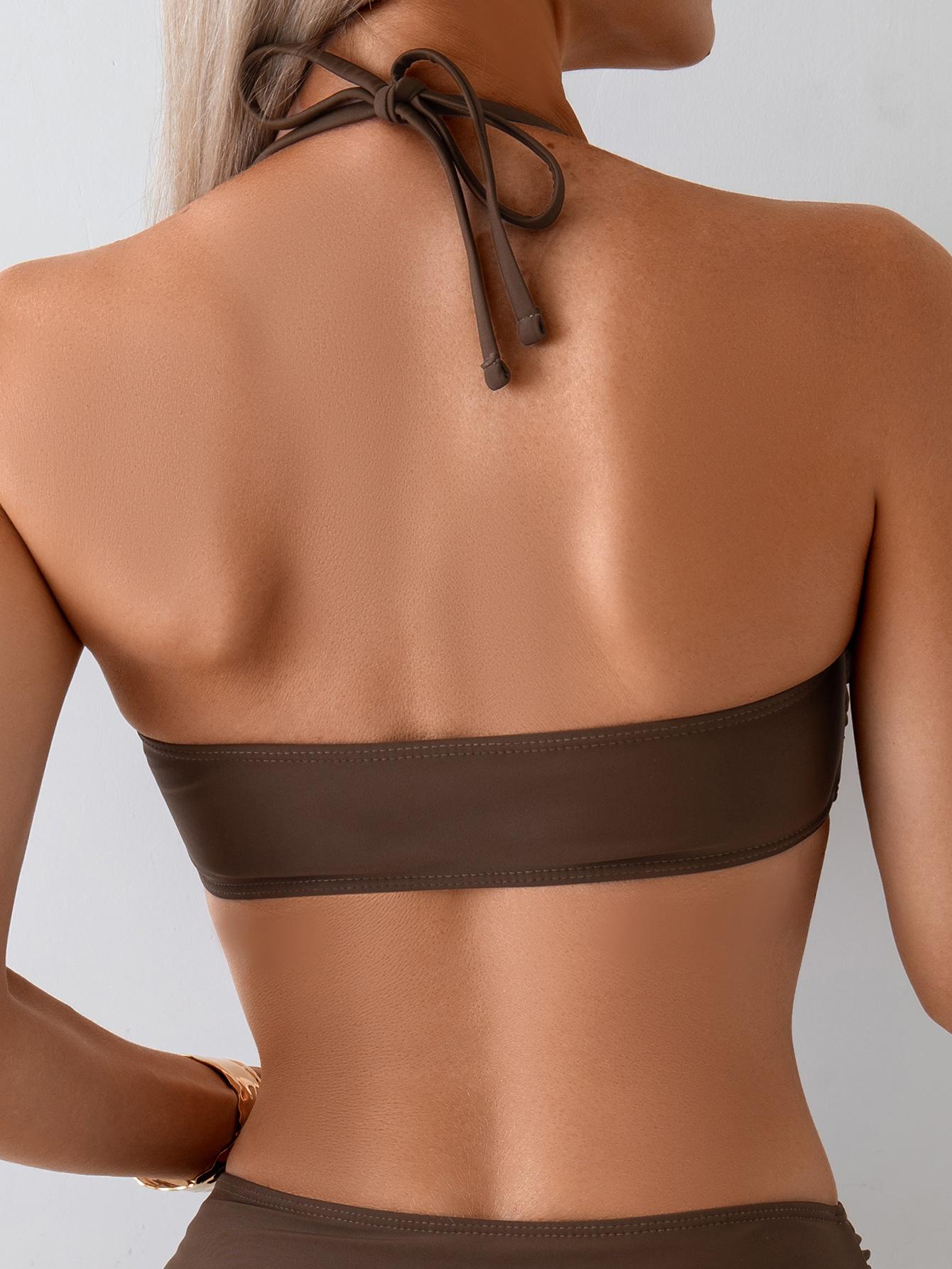 (image for) Women V Wire Halter Ruched High Waist Bikini Set Padded No Underwire Tummy Control Two Piece Swimwear