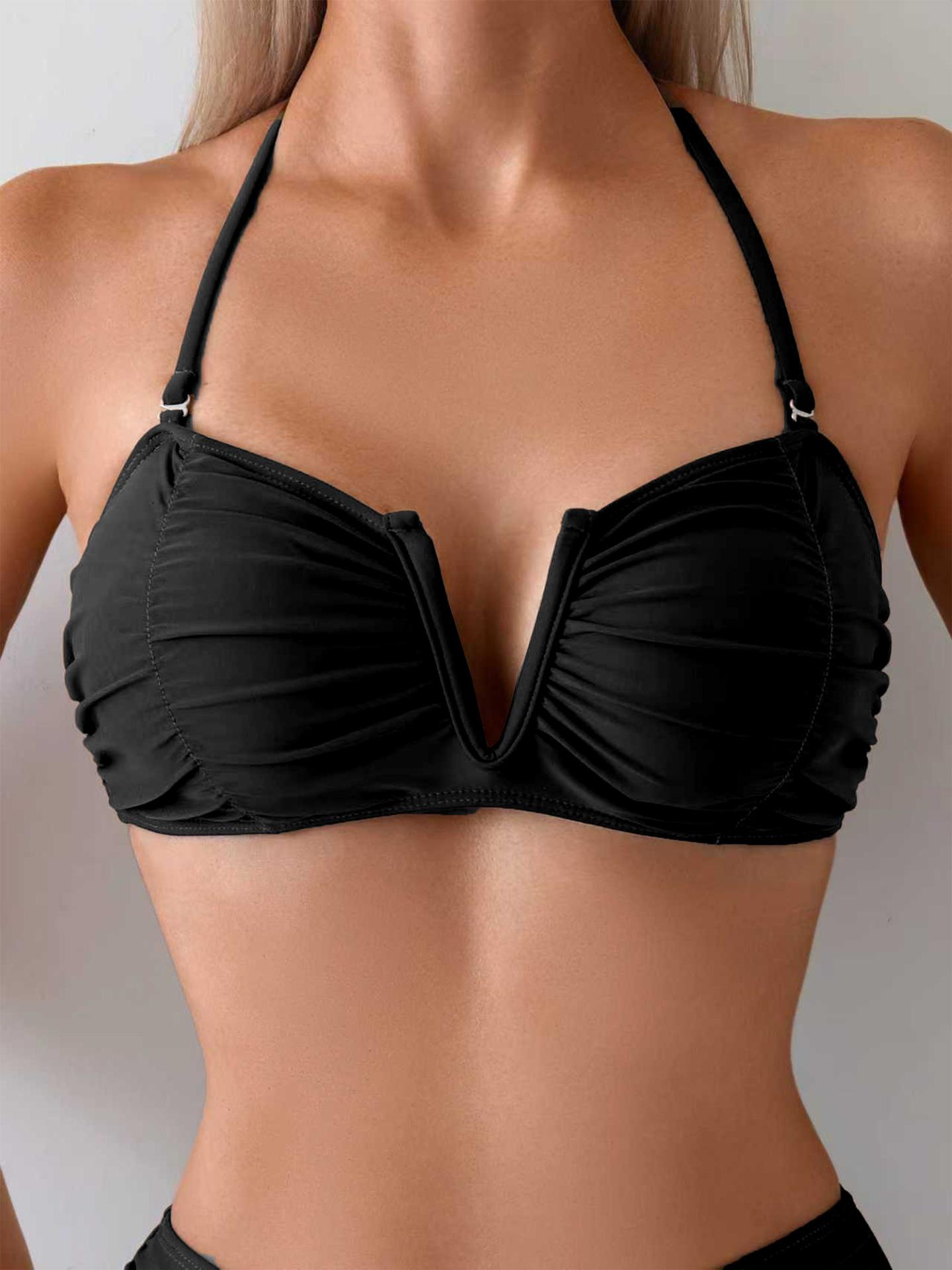 (image for) Women V Wire Halter Ruched High Waist Bikini Set Padded No Underwire Tummy Control Two Piece Swimwear