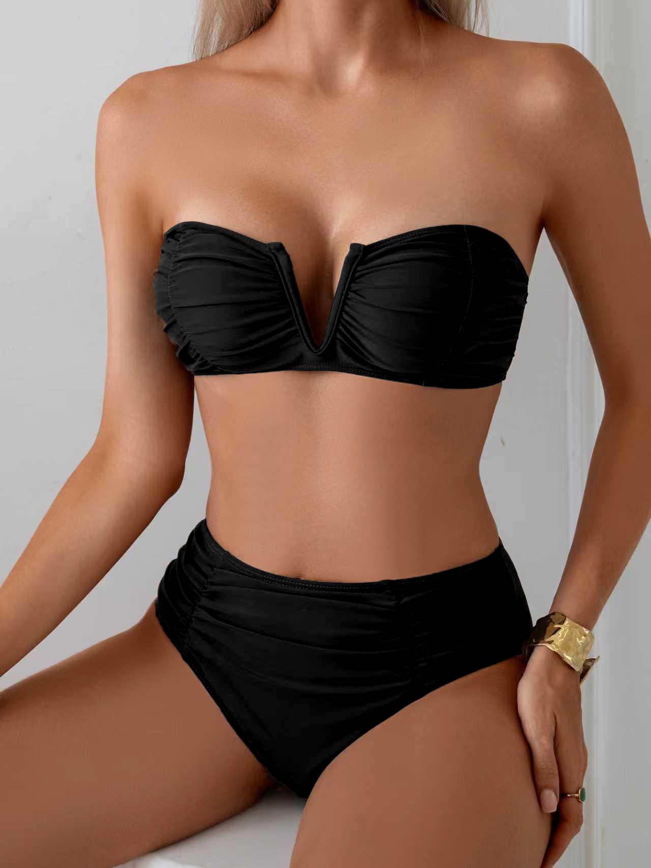 (image for) Women V Wire Halter Ruched High Waist Bikini Set Padded No Underwire Tummy Control Two Piece Swimwear
