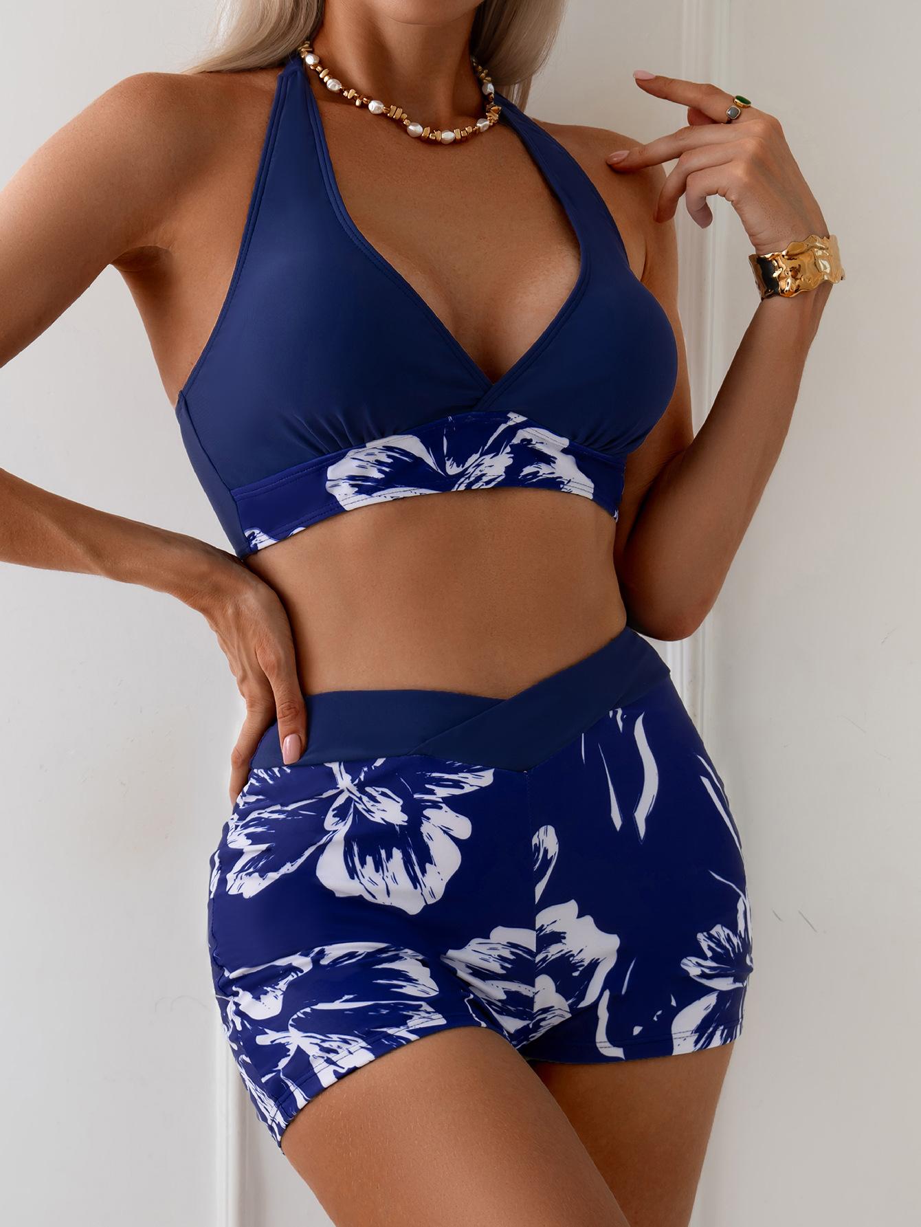 (image for) Women Navy Blue White Floral Print Halter Neck High Waisted Boy Short Bikini Set Sexy V Neck Two Piece Hot Spring Swimwear