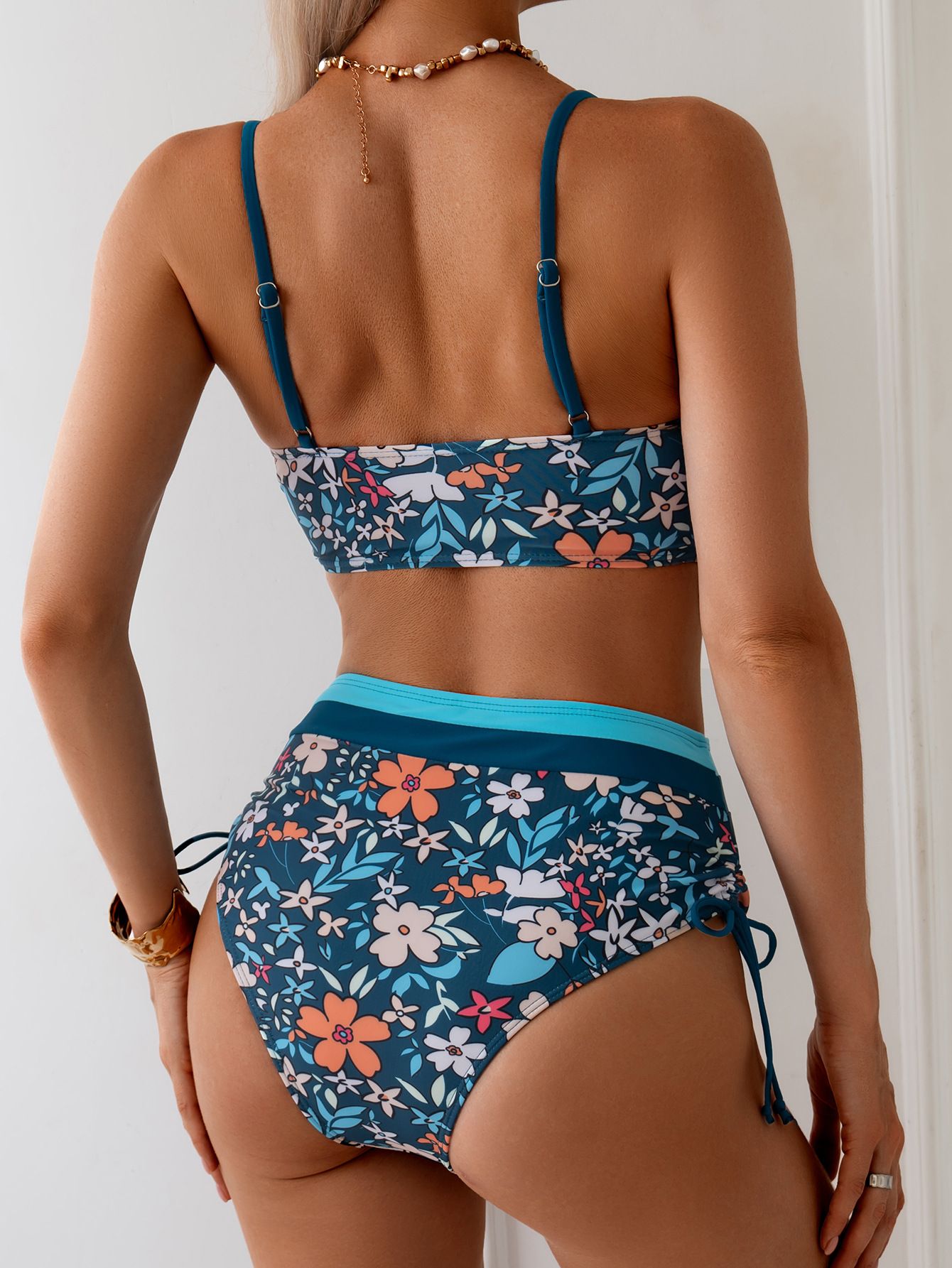 (image for) Women Ditsy Floral Print High Waist Bikini Set Side Tie Ruched Contrast Trim Two Piece Swimwear
