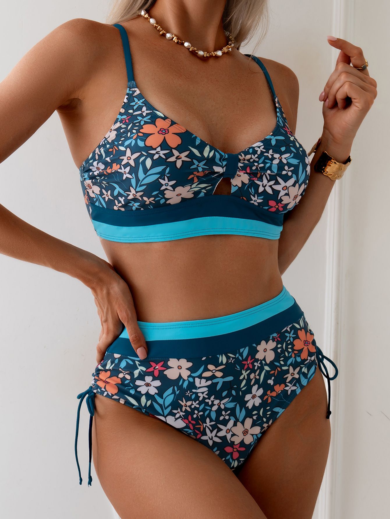 (image for) Women Ditsy Floral Print High Waist Bikini Set Side Tie Ruched Contrast Trim Two Piece Swimwear