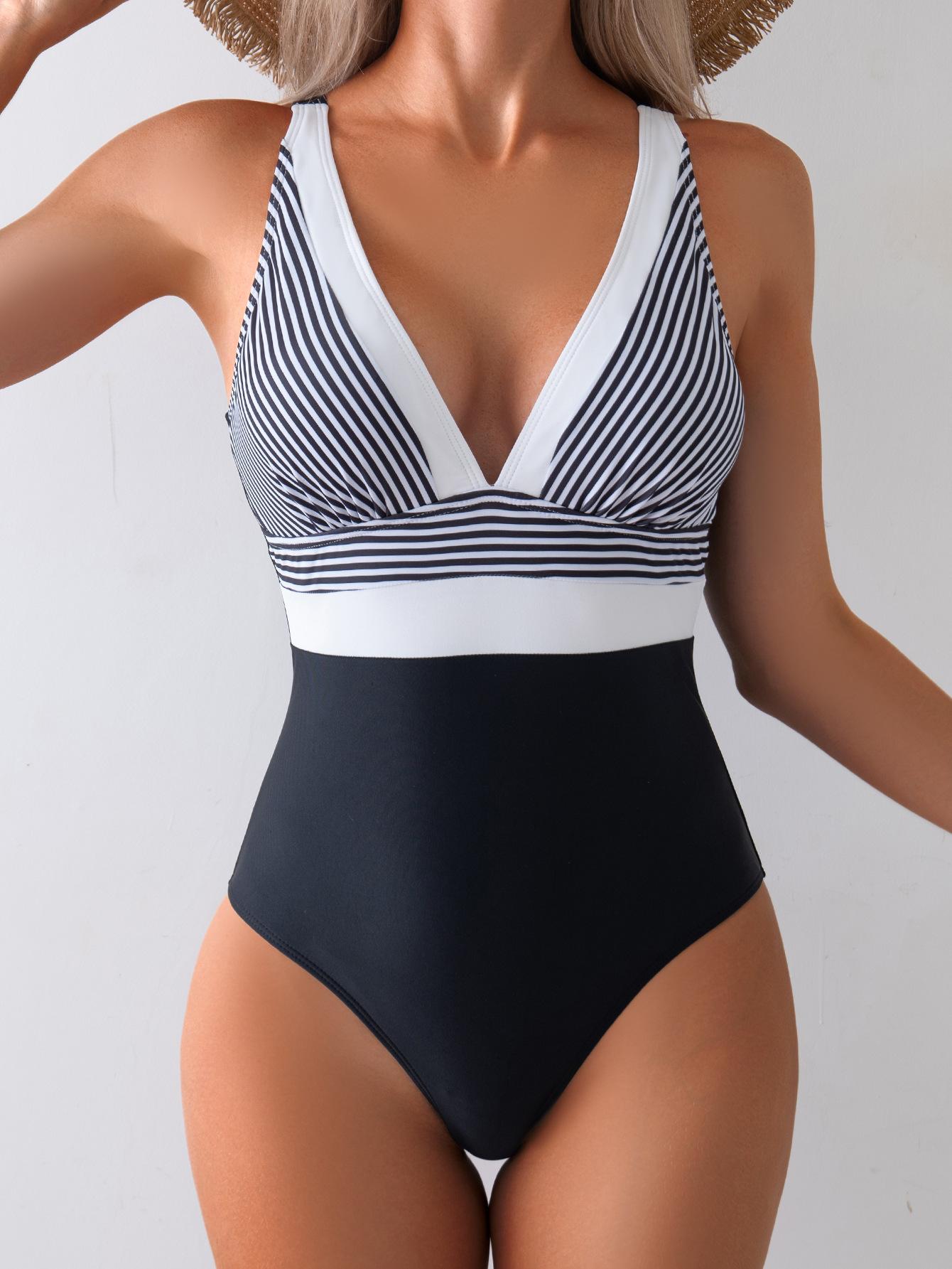 (image for) Women Black White Stripe Color Block Deep V Backless One Piece Swimsuit Tummy Control Slimming Sexy Beach Bathing Suit
