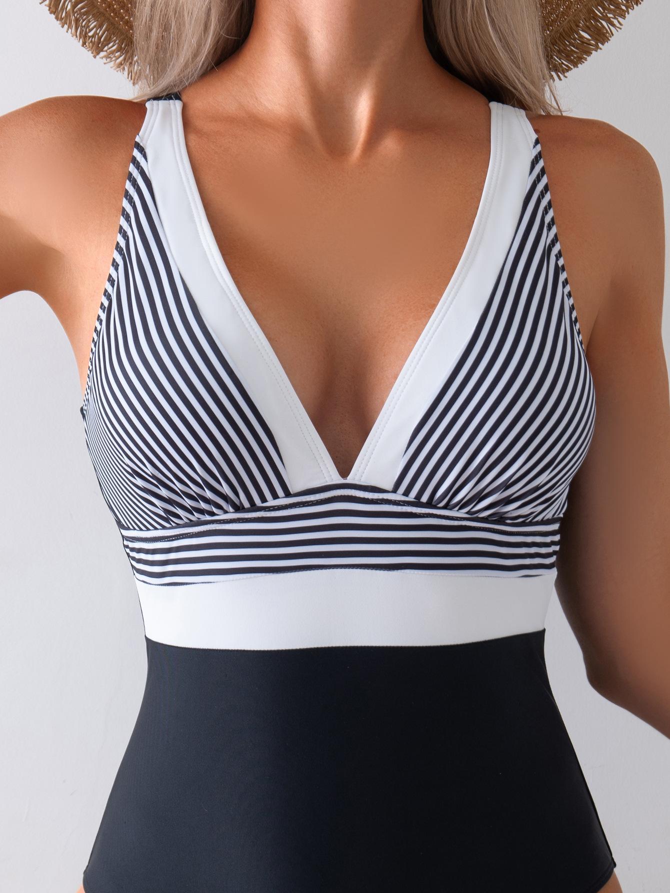 (image for) Women Black White Stripe Color Block Deep V Backless One Piece Swimsuit Tummy Control Slimming Sexy Beach Bathing Suit