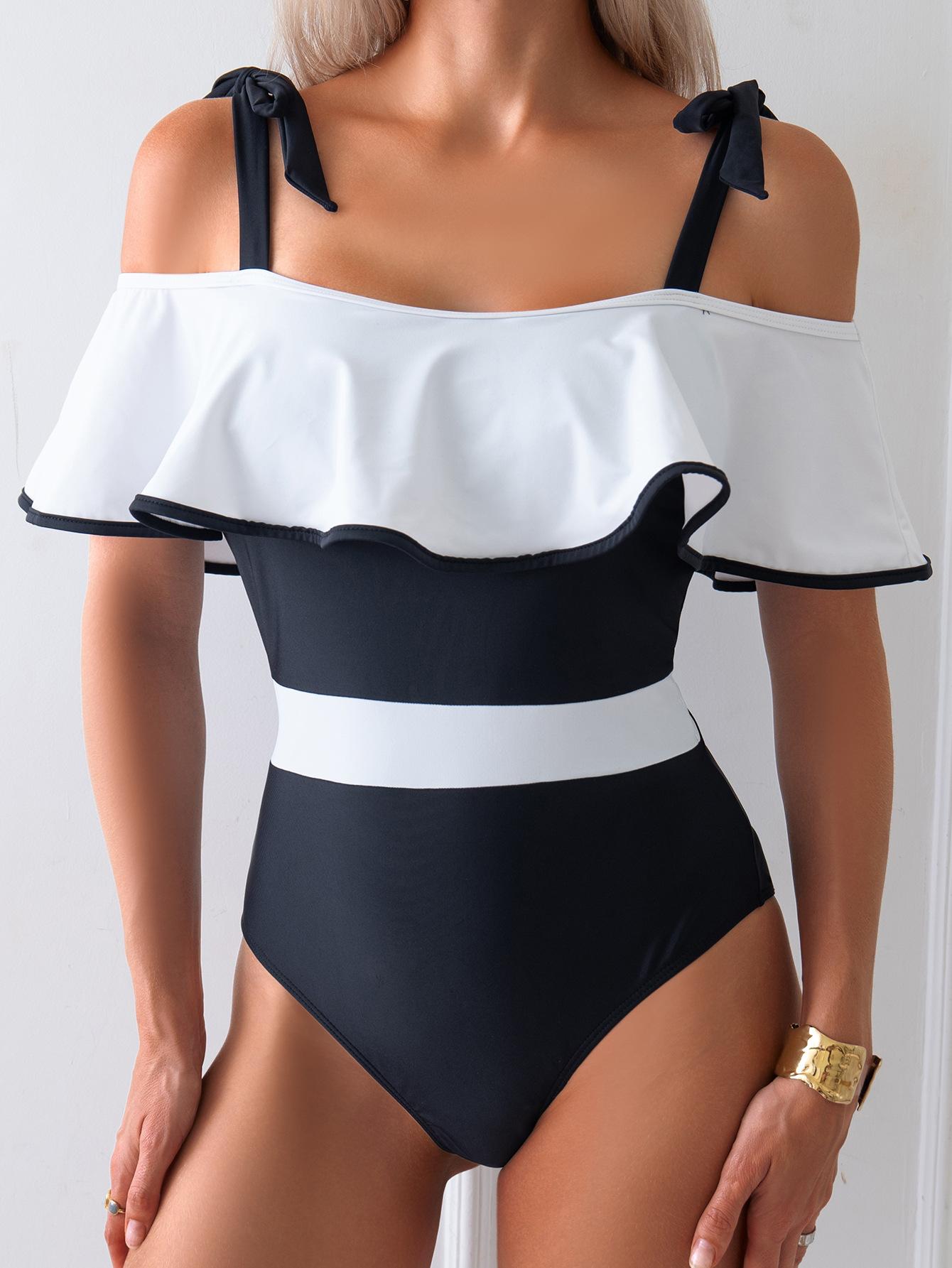 Women Off Shoulder Ruffle Flounce One Piece Swimsuit Black White Color Block Bow Tie Strap Tummy Control Monokini Bathing Suit