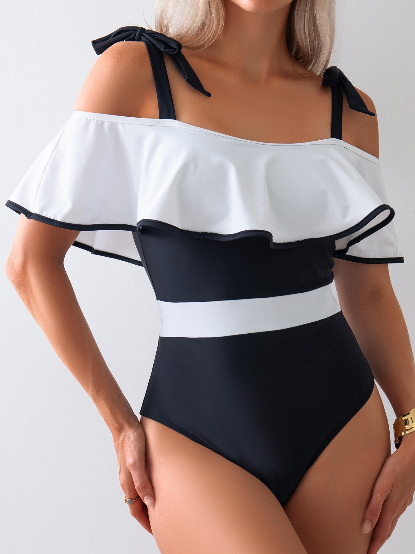 (image for) Women Off Shoulder Ruffle Flounce One Piece Swimsuit Black White Color Block Bow Tie Strap Tummy Control Monokini Bathing Suit