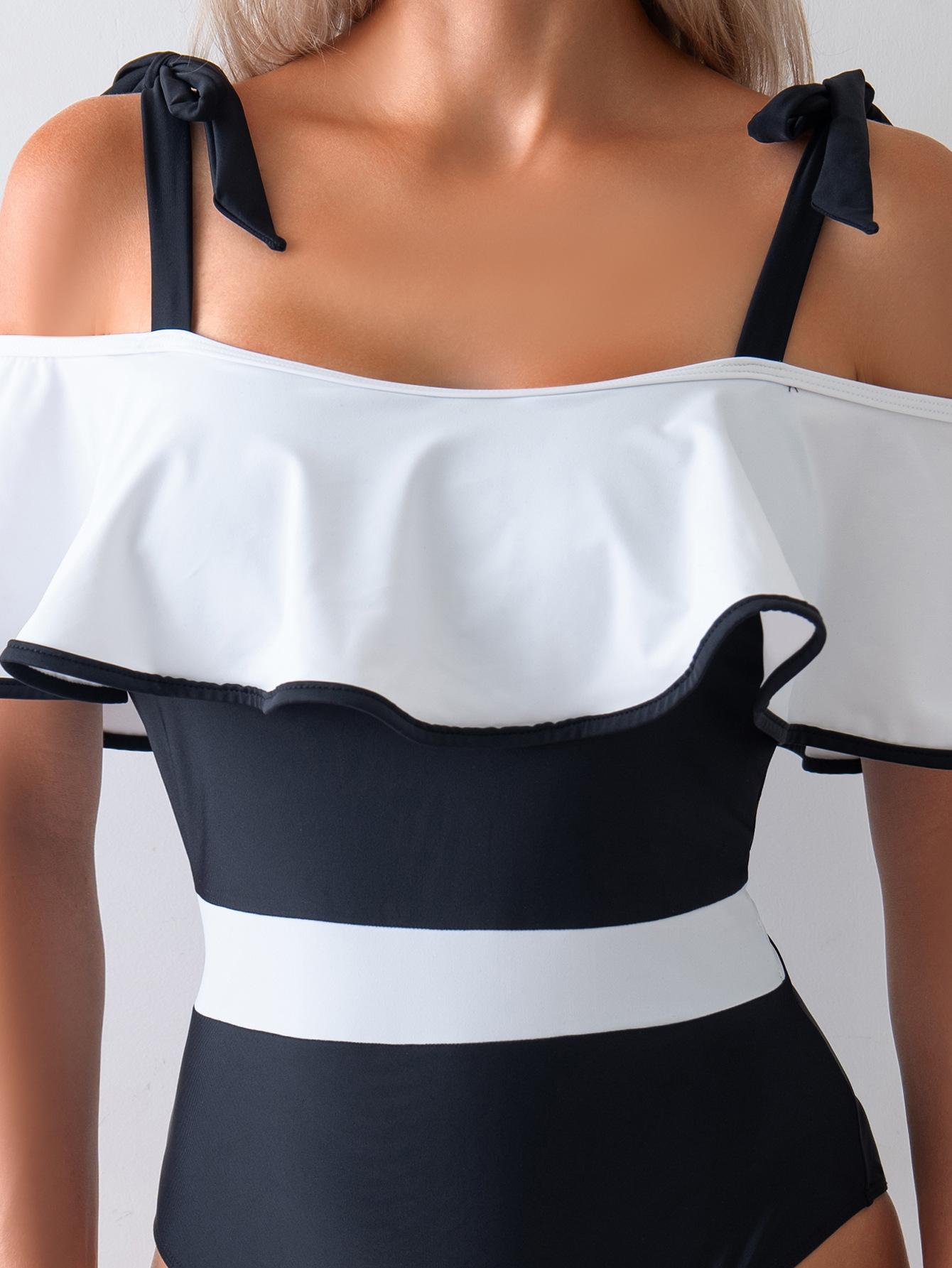 (image for) Women Off Shoulder Ruffle Flounce One Piece Swimsuit Black White Color Block Bow Tie Strap Tummy Control Monokini Bathing Suit