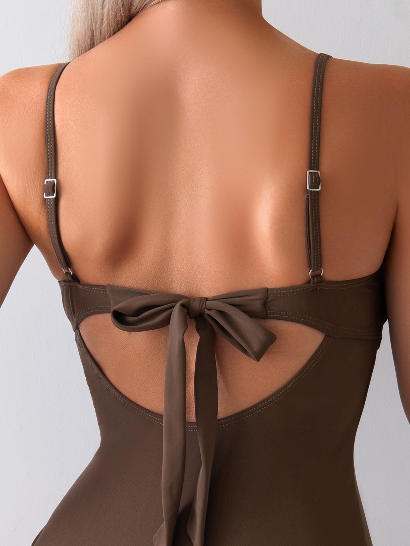 (image for) Women Green Beaded Strap Pearl Circle Buckle Front Cutout One Piece Swimsuit Lace Up Back Sexy Slimming Monokini