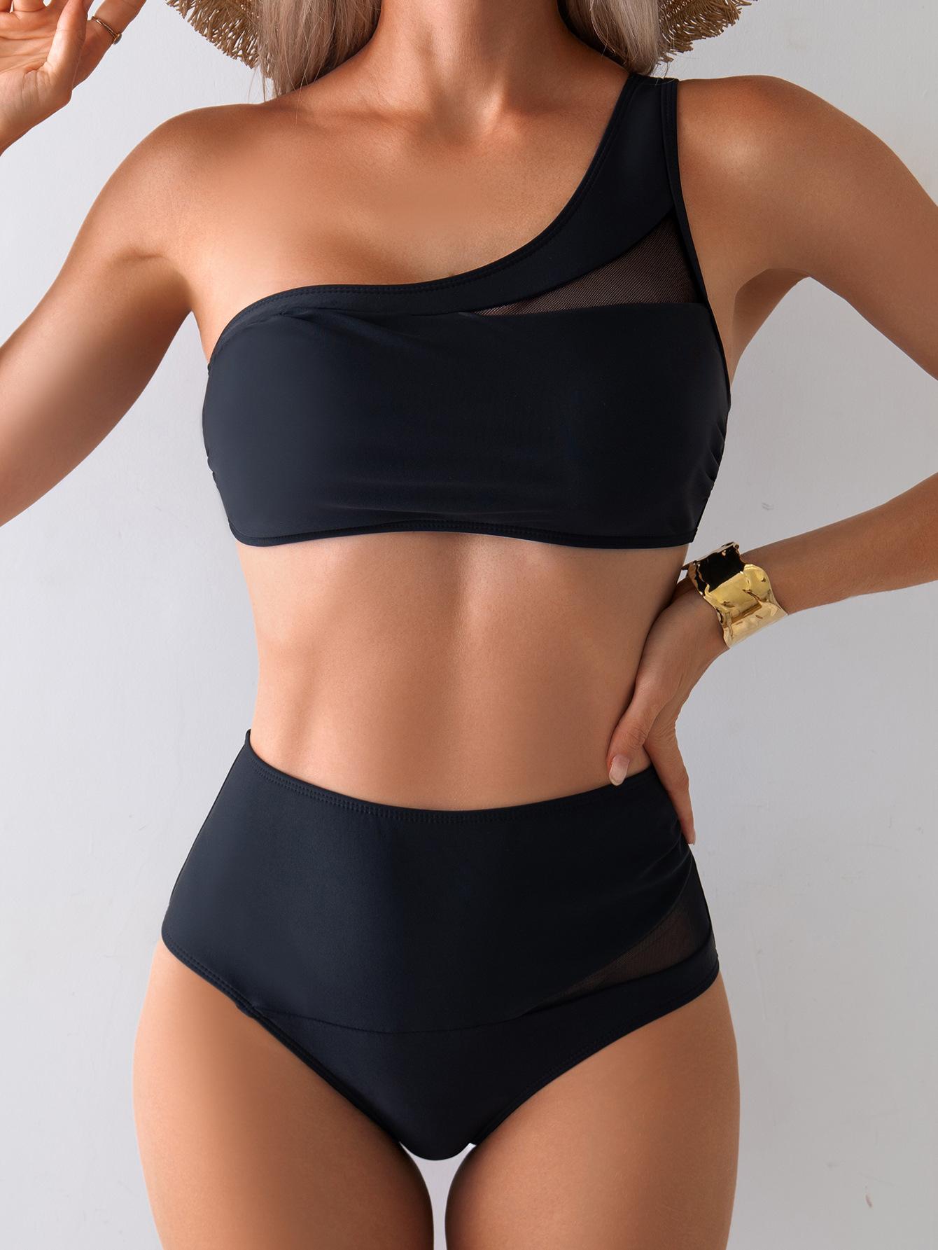 (image for) Women Black One Shoulder Mesh Panel High Waisted Bikini Set Sexy Tummy Control Quick Dry Two Piece Beach Swimwear