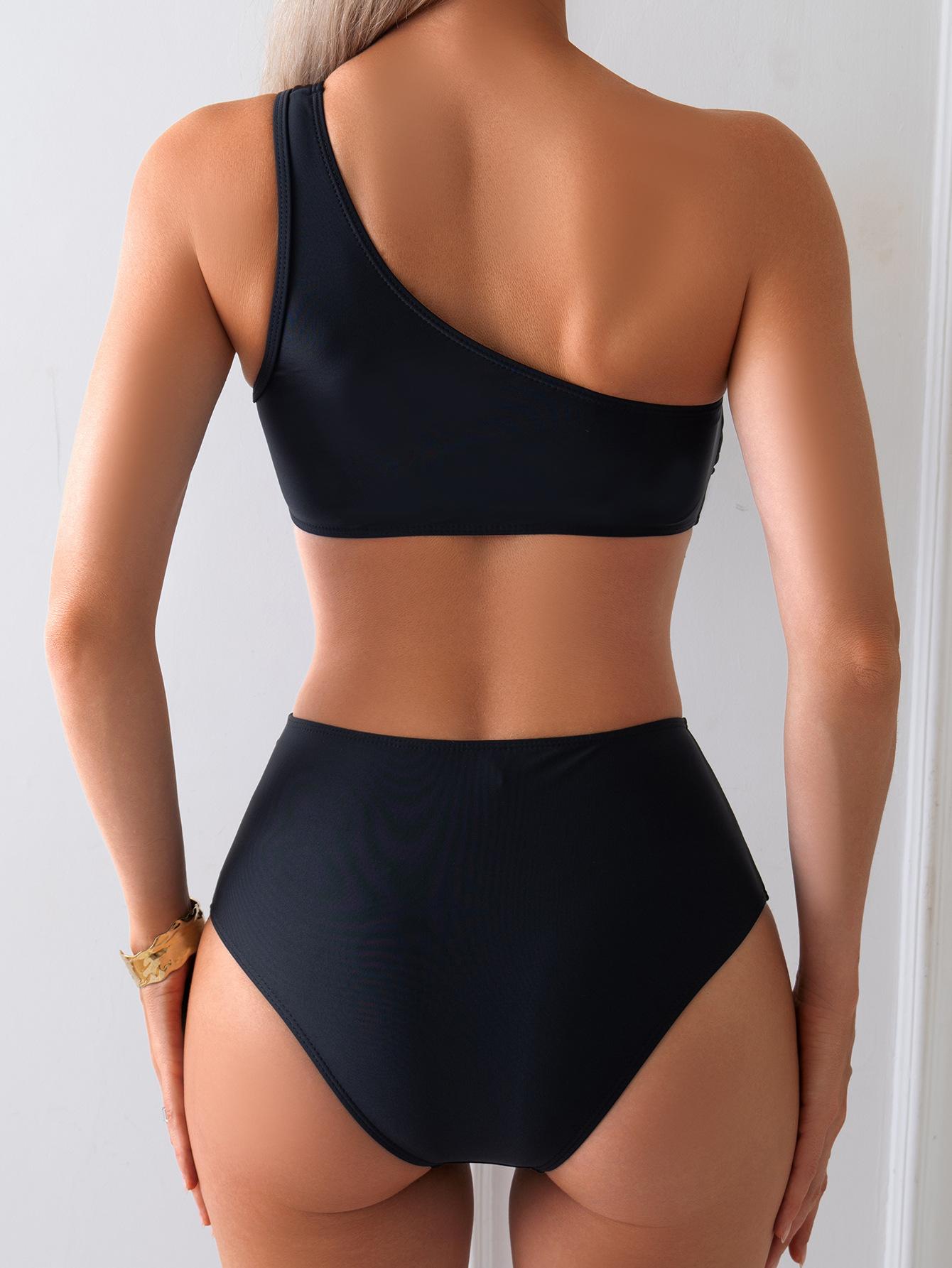 (image for) Women Black One Shoulder Mesh Panel High Waisted Bikini Set Sexy Tummy Control Quick Dry Two Piece Beach Swimwear
