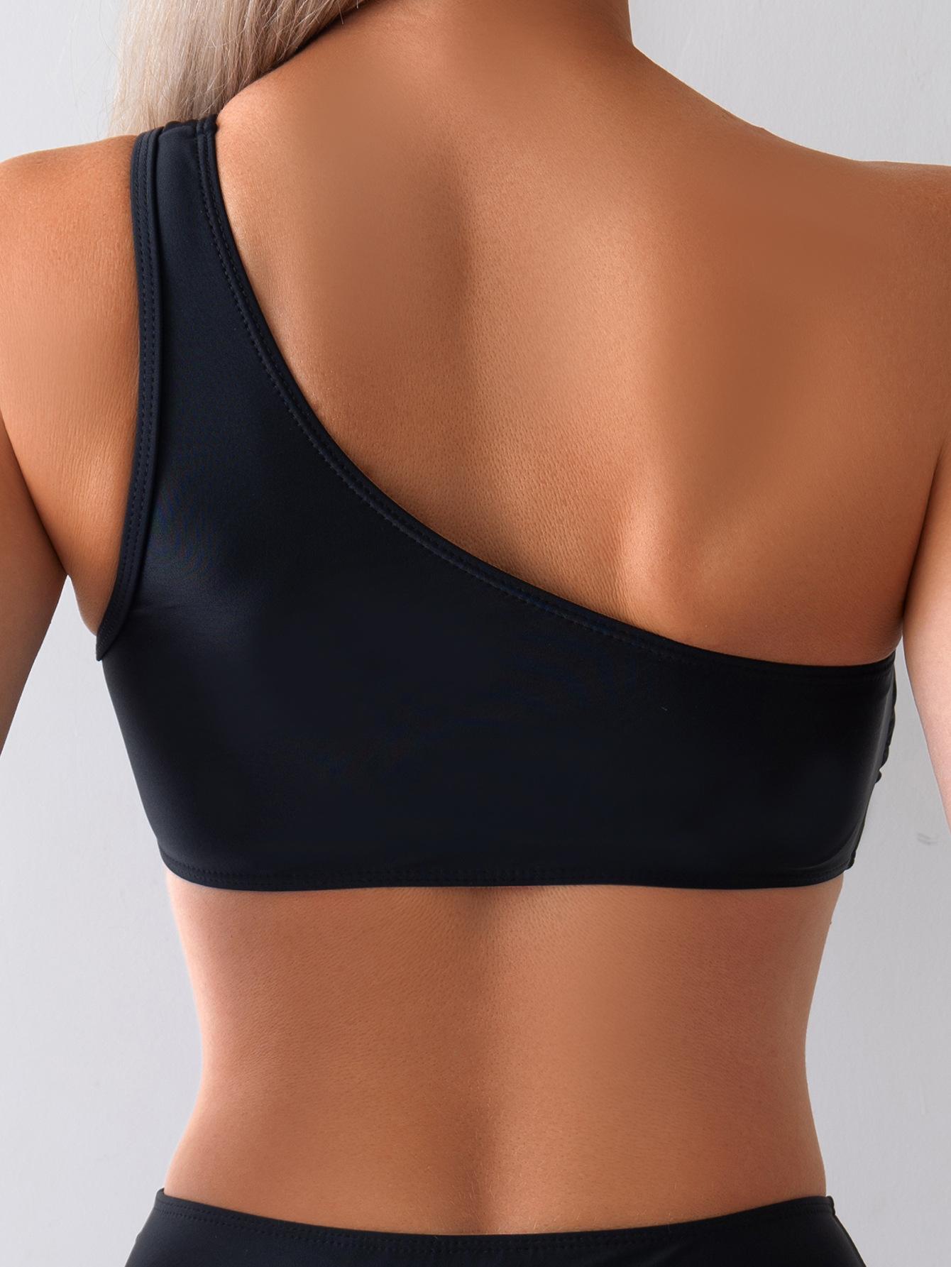 (image for) Women Black One Shoulder Mesh Panel High Waisted Bikini Set Sexy Tummy Control Quick Dry Two Piece Beach Swimwear