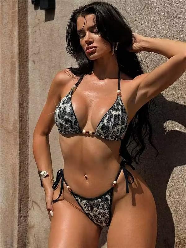 (image for) Women Beaded Detail Halter Leopard Print Bikini Set Tie Side Swimwear