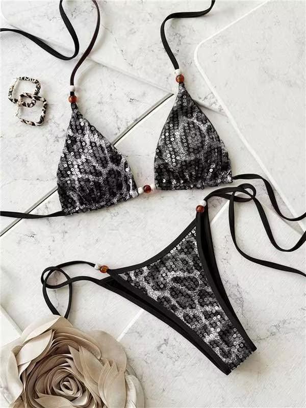 (image for) Women Beaded Detail Halter Leopard Print Bikini Set Tie Side Swimwear