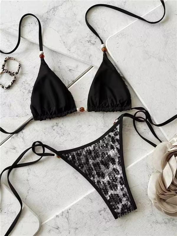 (image for) Women Beaded Detail Halter Leopard Print Bikini Set Tie Side Swimwear
