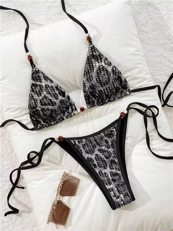 (image for) Women Beaded Detail Halter Leopard Print Bikini Set Tie Side Swimwear