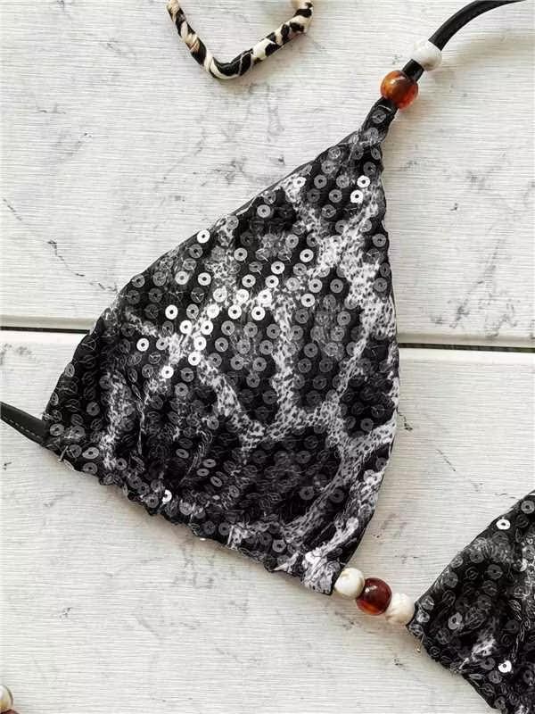 (image for) Women Beaded Detail Halter Leopard Print Bikini Set Tie Side Swimwear