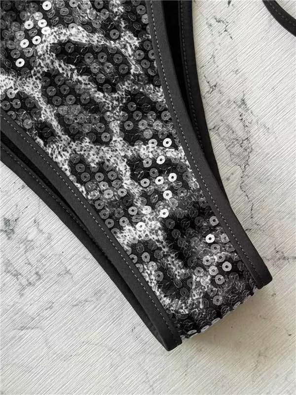 (image for) Women Beaded Detail Halter Leopard Print Bikini Set Tie Side Swimwear