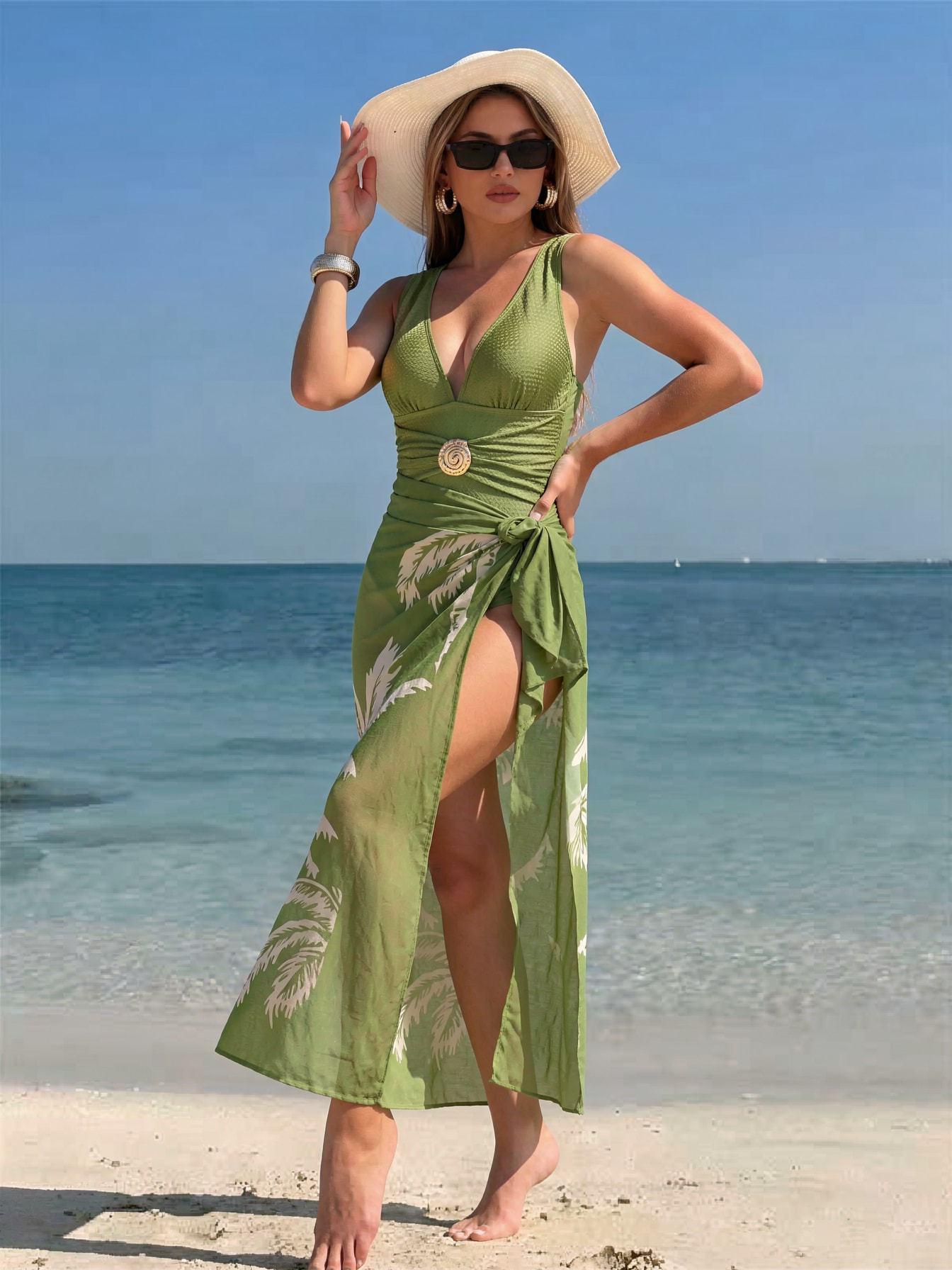 Women Green Deep V Wide Strap One Piece Swimsuit with Palm Leaf Print Sheer Maxi Sarong Skirt 2 Piece Modest High End Tummy Control Hot Spring Beach Swimwear Set