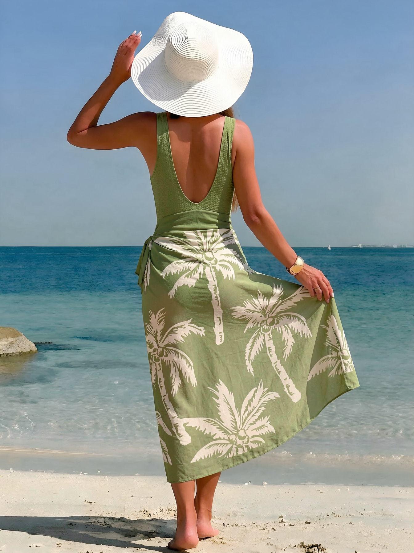 (image for) Women Green Deep V Wide Strap One Piece Swimsuit with Palm Leaf Print Sheer Maxi Sarong Skirt 2 Piece Modest High End Tummy Control Hot Spring Beach Swimwear Set