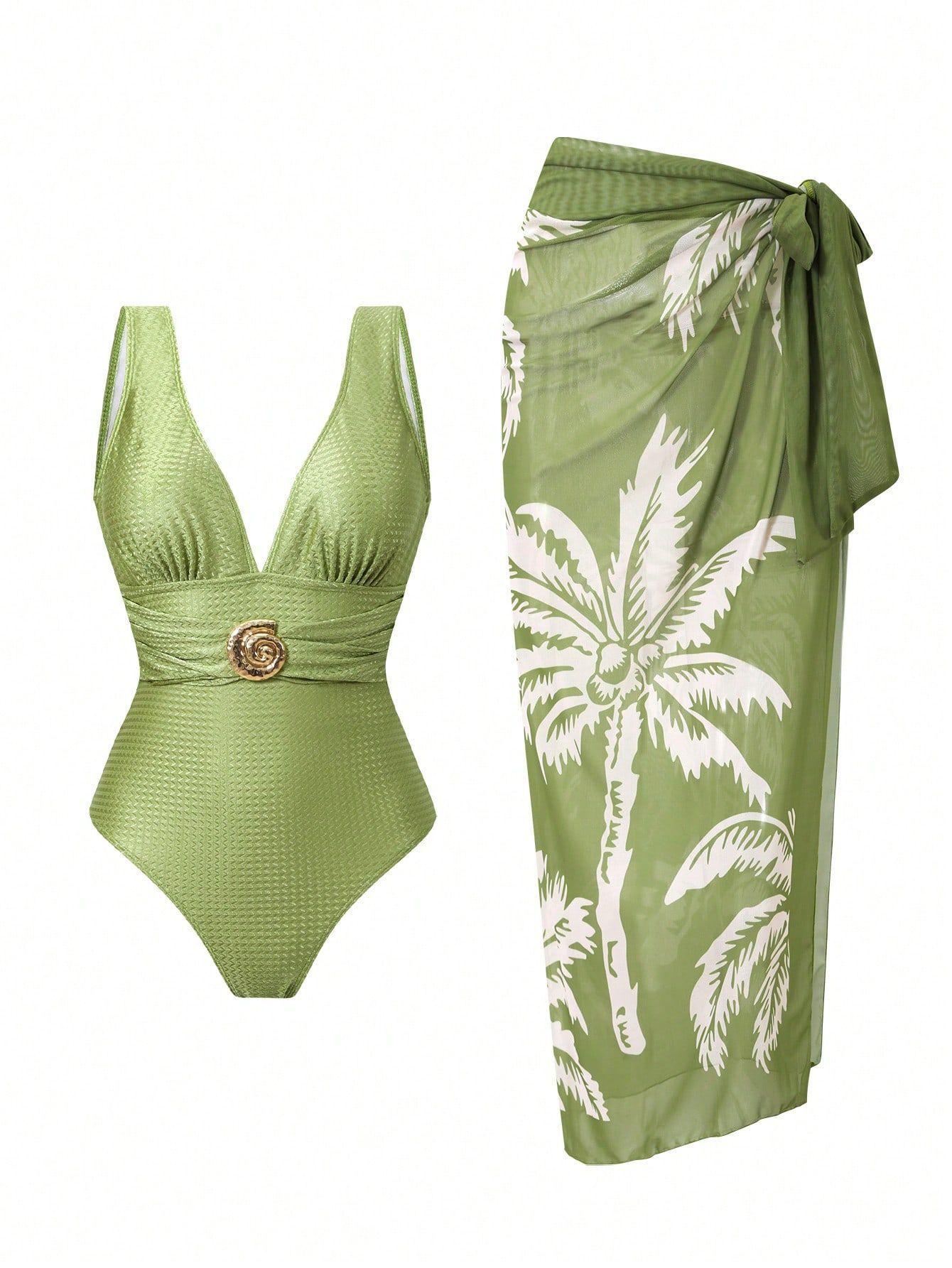 (image for) Women Green Deep V Wide Strap One Piece Swimsuit with Palm Leaf Print Sheer Maxi Sarong Skirt 2 Piece Modest High End Tummy Control Hot Spring Beach Swimwear Set