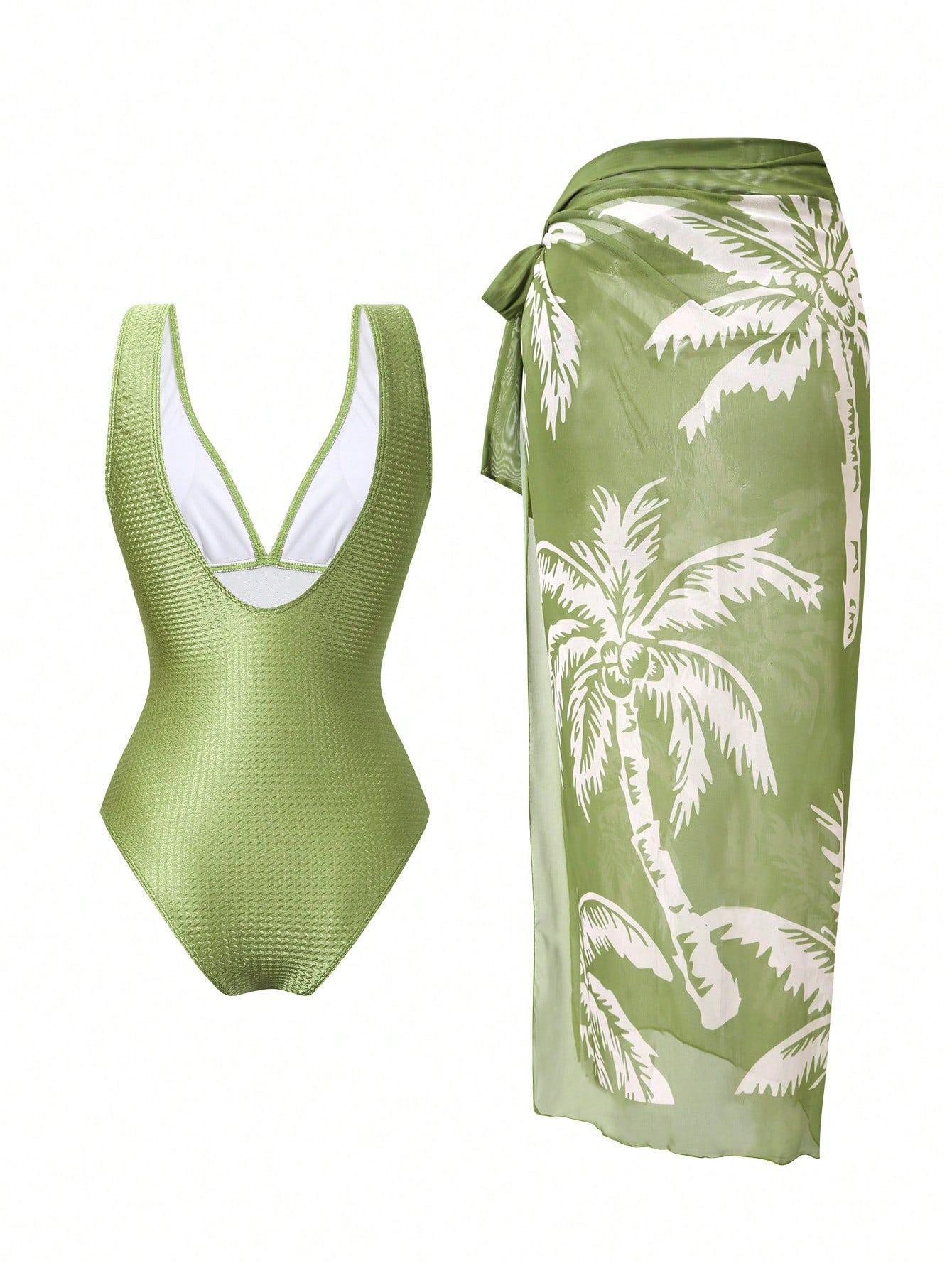 (image for) Women Green Deep V Wide Strap One Piece Swimsuit with Palm Leaf Print Sheer Maxi Sarong Skirt 2 Piece Modest High End Tummy Control Hot Spring Beach Swimwear Set