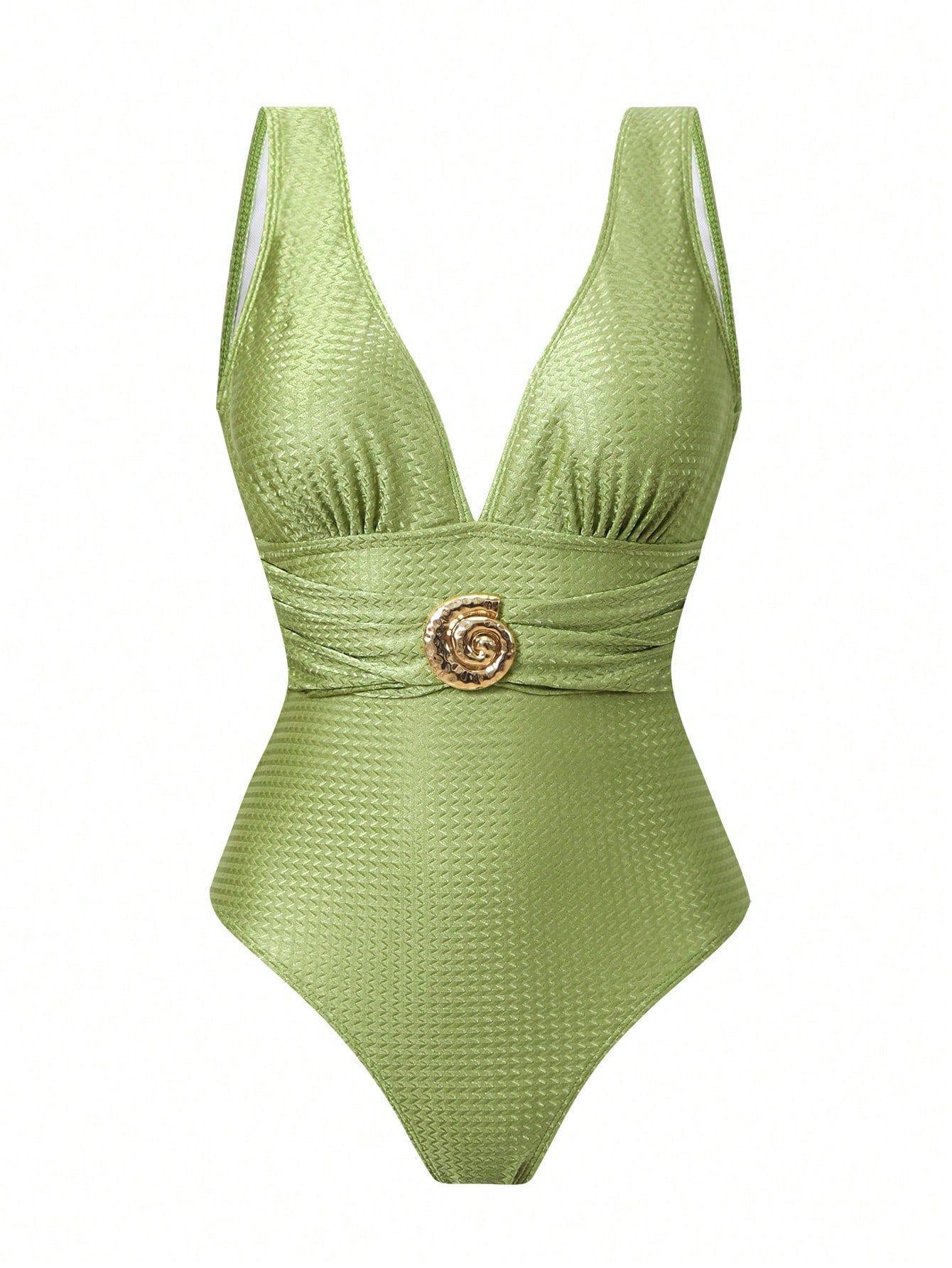 (image for) Women Green Deep V Wide Strap One Piece Swimsuit with Palm Leaf Print Sheer Maxi Sarong Skirt 2 Piece Modest High End Tummy Control Hot Spring Beach Swimwear Set