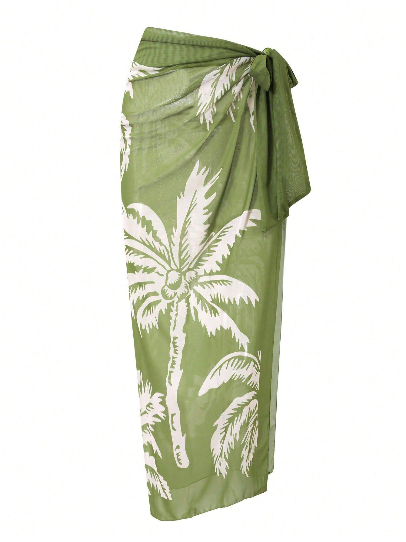 (image for) Women Green Deep V Wide Strap One Piece Swimsuit with Palm Leaf Print Sheer Maxi Sarong Skirt 2 Piece Modest High End Tummy Control Hot Spring Beach Swimwear Set