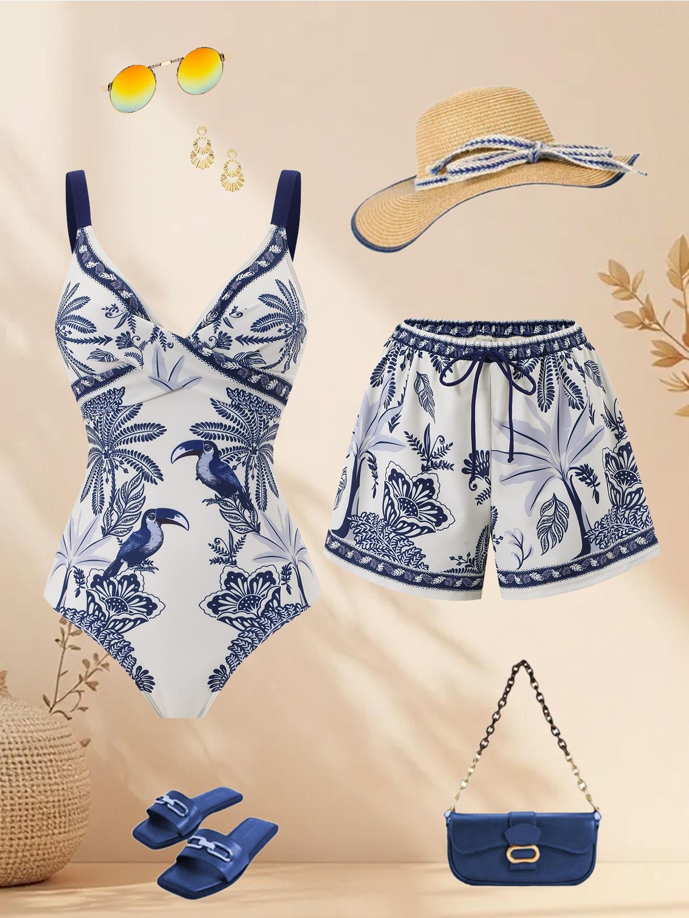 Women Blue White Parrot Palm Tropical Print One Piece Swimsuit with Matching Board Shorts 2 Piece Modest High End Hot Spring Beach Swimwear Set