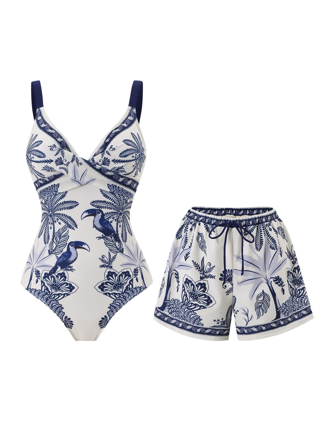 (image for) Women Blue White Parrot Palm Tropical Print One Piece Swimsuit with Matching Board Shorts 2 Piece Modest High End Hot Spring Beach Swimwear Set