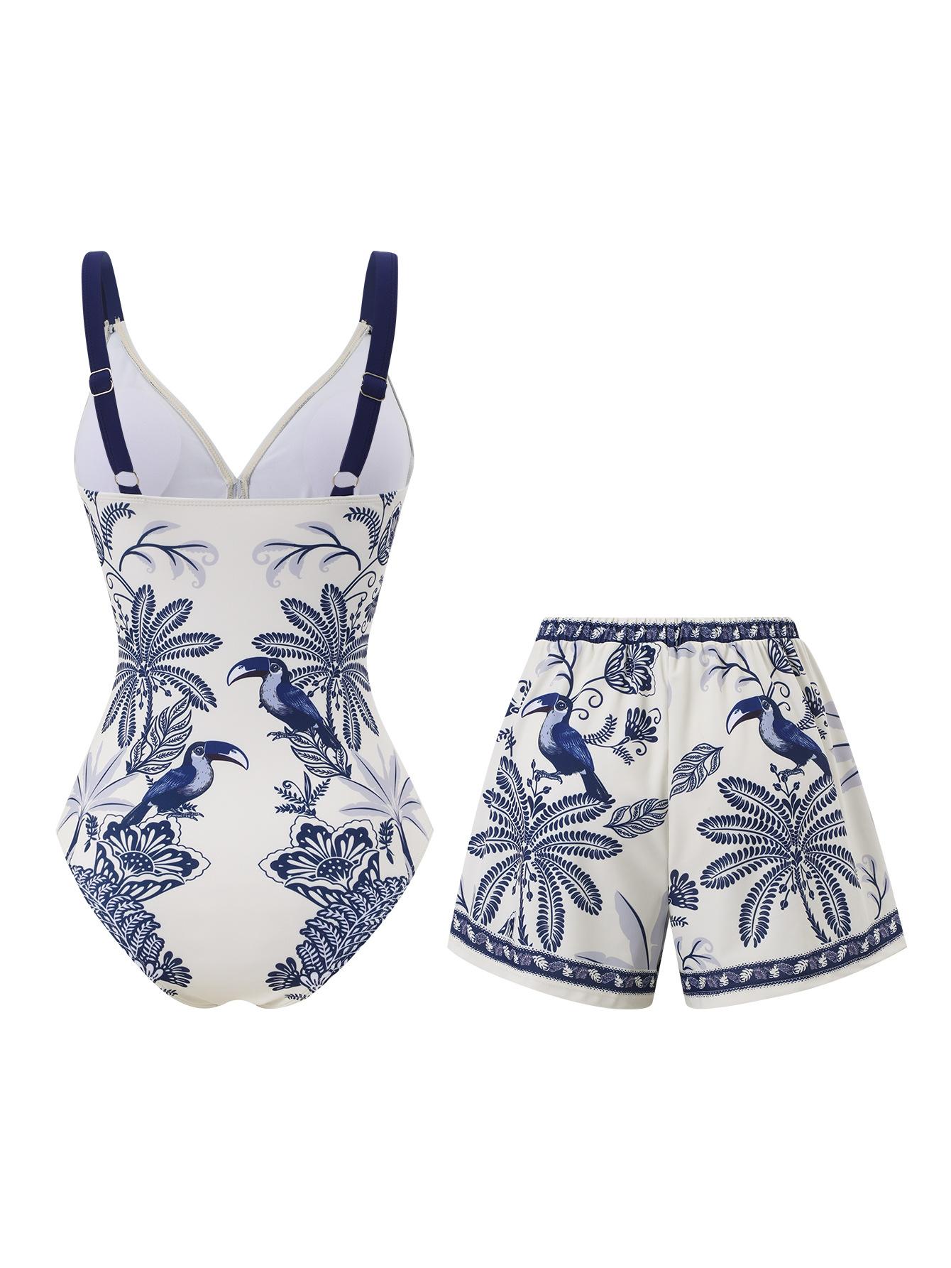 (image for) Women Blue White Parrot Palm Tropical Print One Piece Swimsuit with Matching Board Shorts 2 Piece Modest High End Hot Spring Beach Swimwear Set