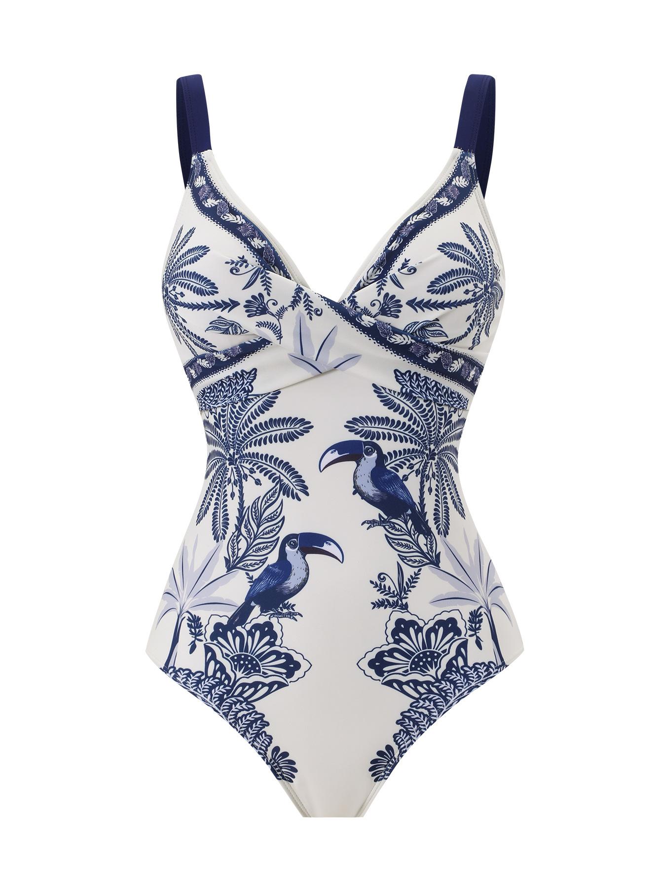 (image for) Women Blue White Parrot Palm Tropical Print One Piece Swimsuit with Matching Board Shorts 2 Piece Modest High End Hot Spring Beach Swimwear Set