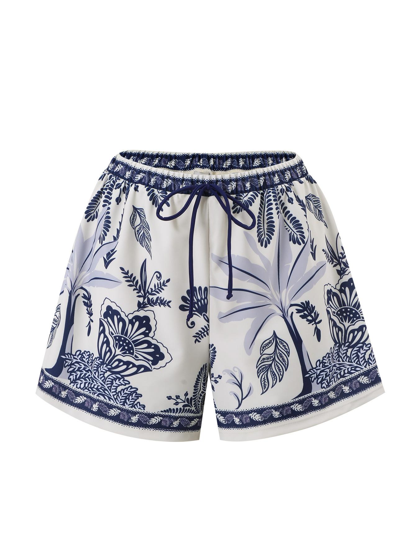 (image for) Women Blue White Parrot Palm Tropical Print One Piece Swimsuit with Matching Board Shorts 2 Piece Modest High End Hot Spring Beach Swimwear Set
